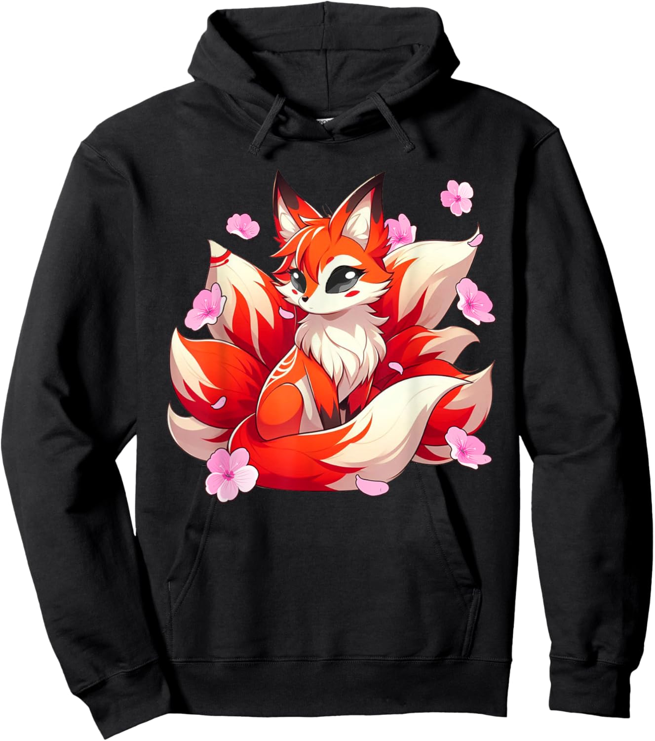 Japanese Kawaii Kitsune Nine Tail Fox Cherry Blossom Flowers Hoodie - Hoodie | Black