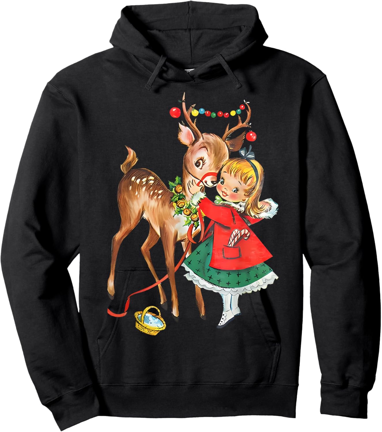 Vintage 1950s Old Fashioned Family Christmas Retro Christmas Reindeer And Girl Mid Century Xmas Hoodie - Hoodie | Black