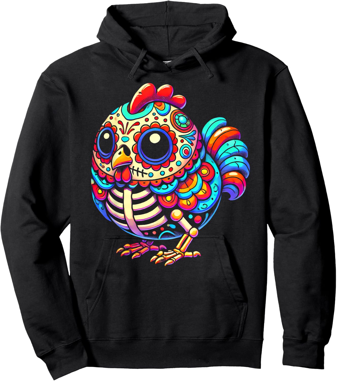 Colorful Sugar Skull Chicken Día de los Muertos Fun Skeleton Hoodie - Hoodie | Black