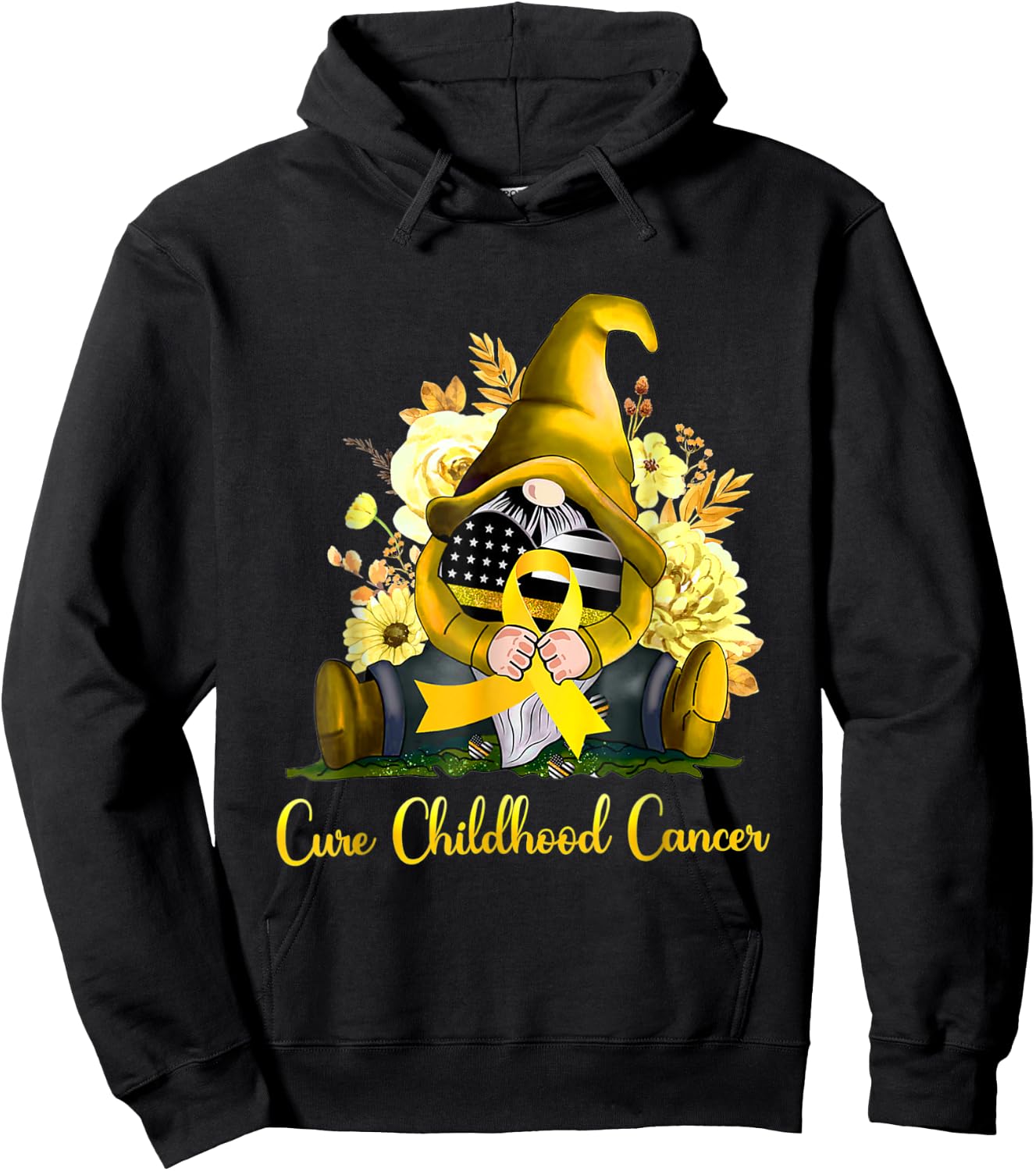 Cure Childhood Cancer Awareness Gold Ribbon Gnome Sunflower Hoodie - Hoodie | Black