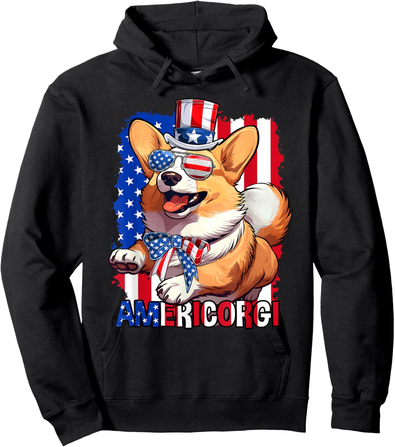 Corgi Dog 4th of July American USA Flag Patriotic Funny Hoodie - Hoodie | Black