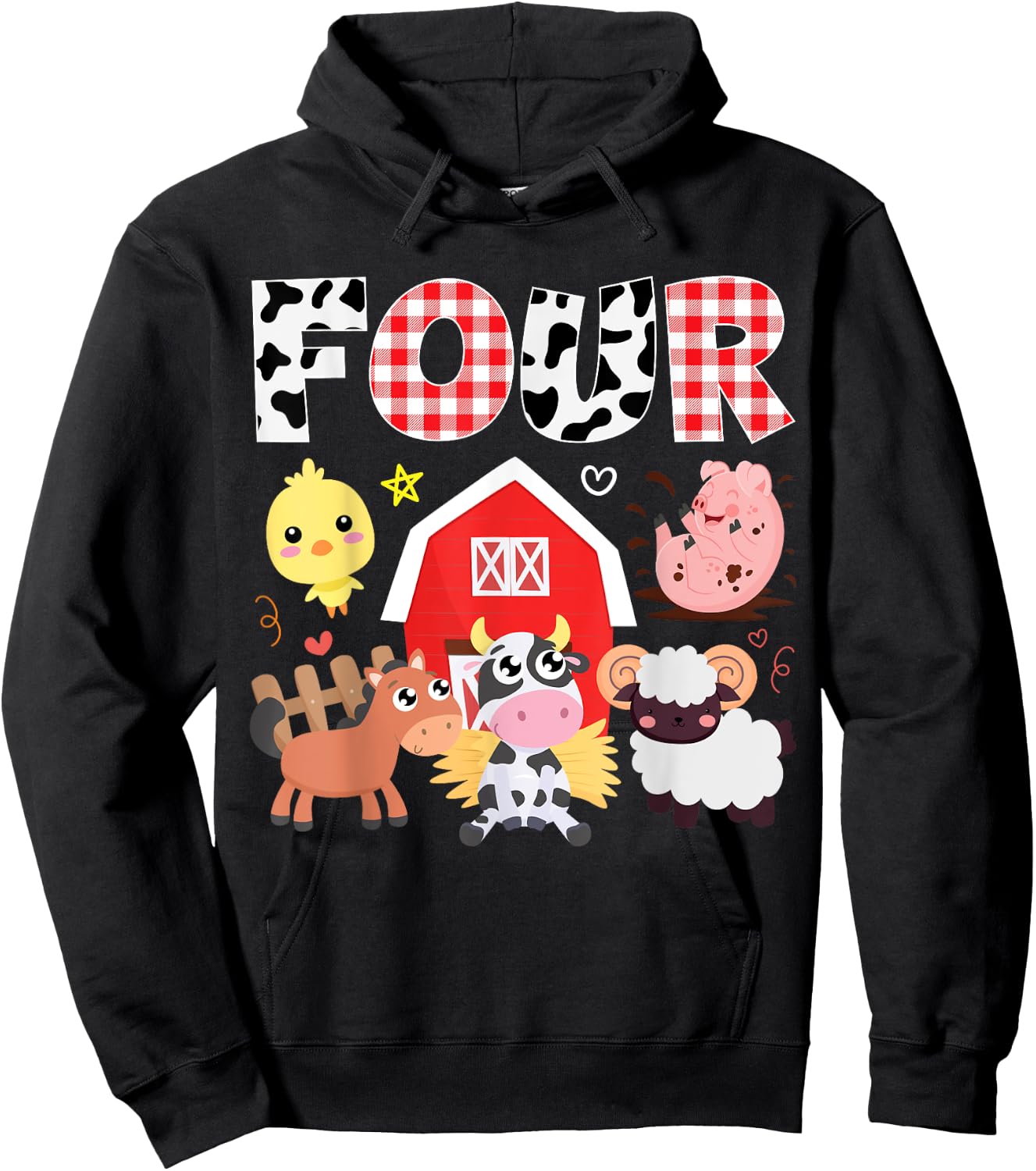 4th Birthday Four Year Old Farm Theme Animals Birthday Party Hoodie - Hoodie | Black