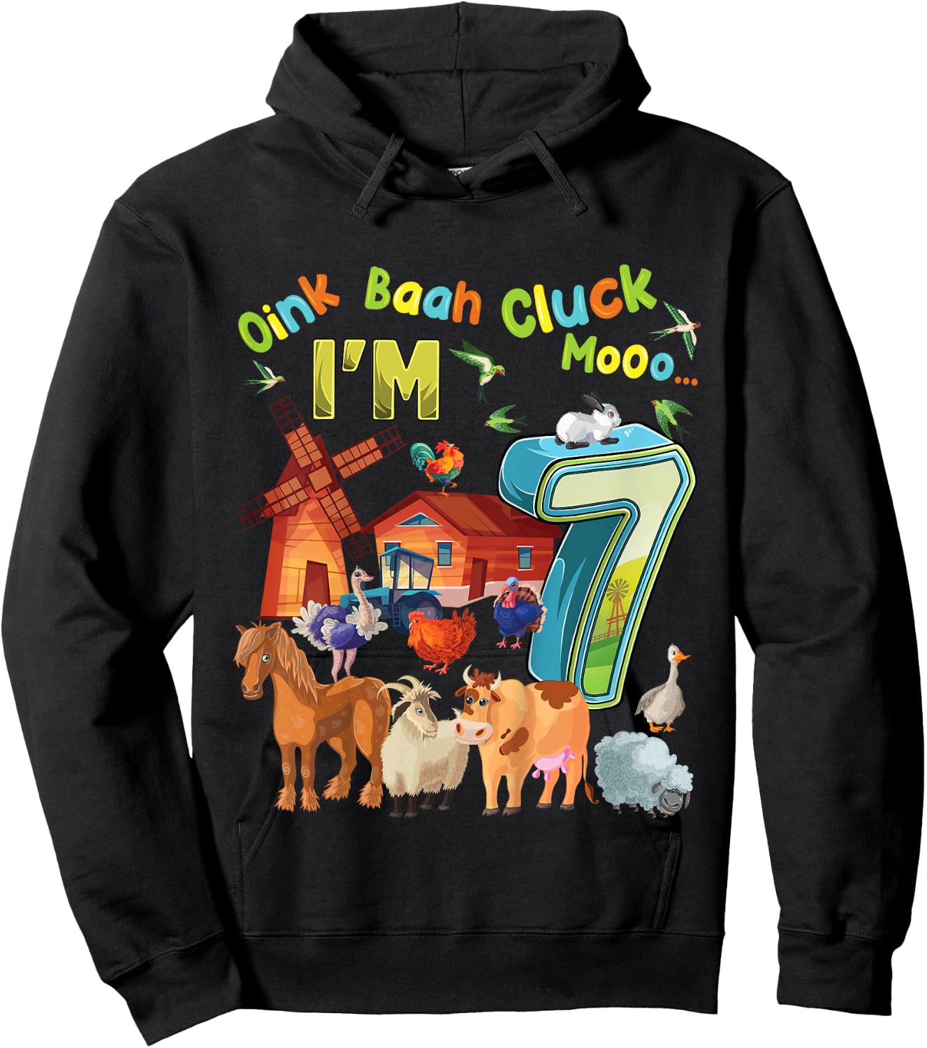 Barnyard 7th Birthday Farm Animals 7 Years Old Farming Hoodie - Hoodie | Black