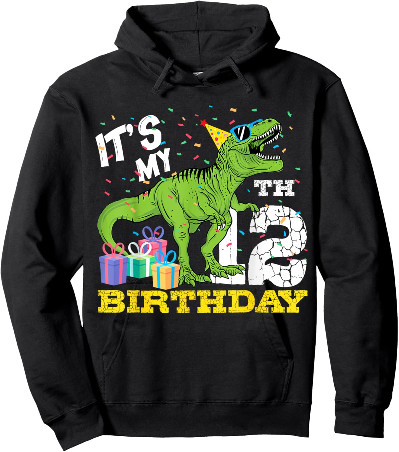 It's My 12th Birthday T-Rex Dinosaur Dino12 Year Old B-Day Hoodie - Hoodie | Black