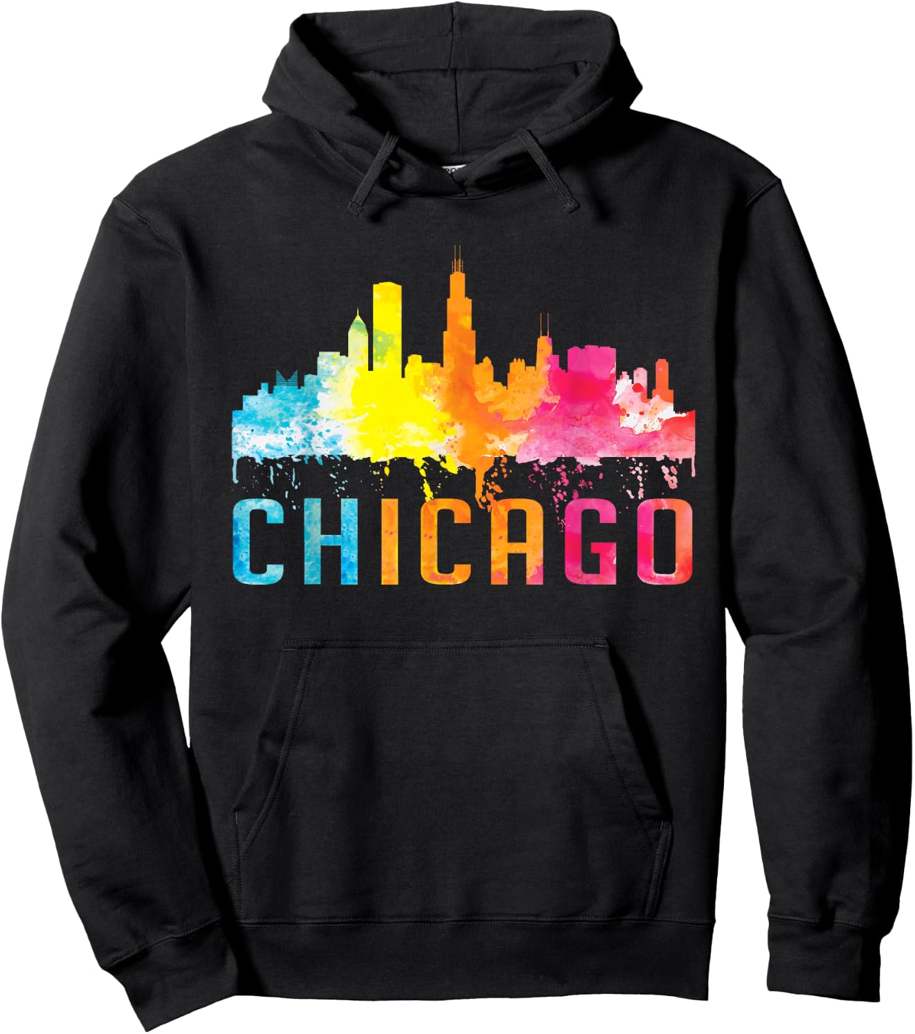 Chicago Illinois Retro Watercolour Skyline Souvenir Hoodie - Hoodie | Black