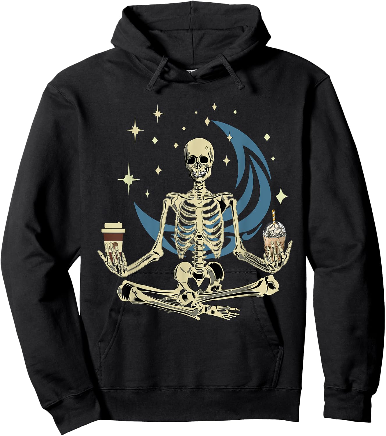 Skeleton Doing Yoga And Drinking Coffee Funny Meditation Hoodie - Hoodie | Black