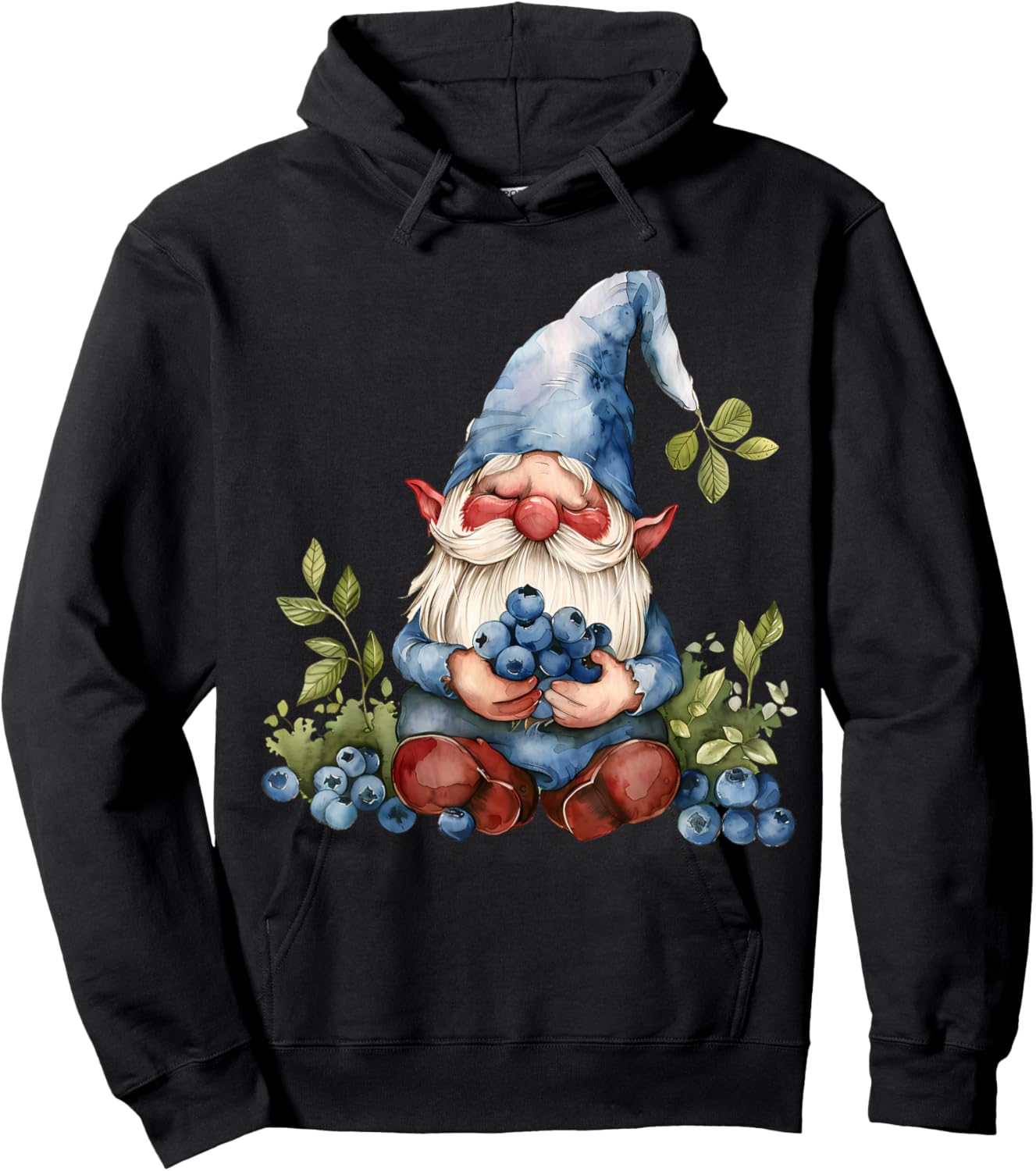 Blueberry Gnome Watercolor Artwork Nature Blueberries Hoodie - Hoodie | Black
