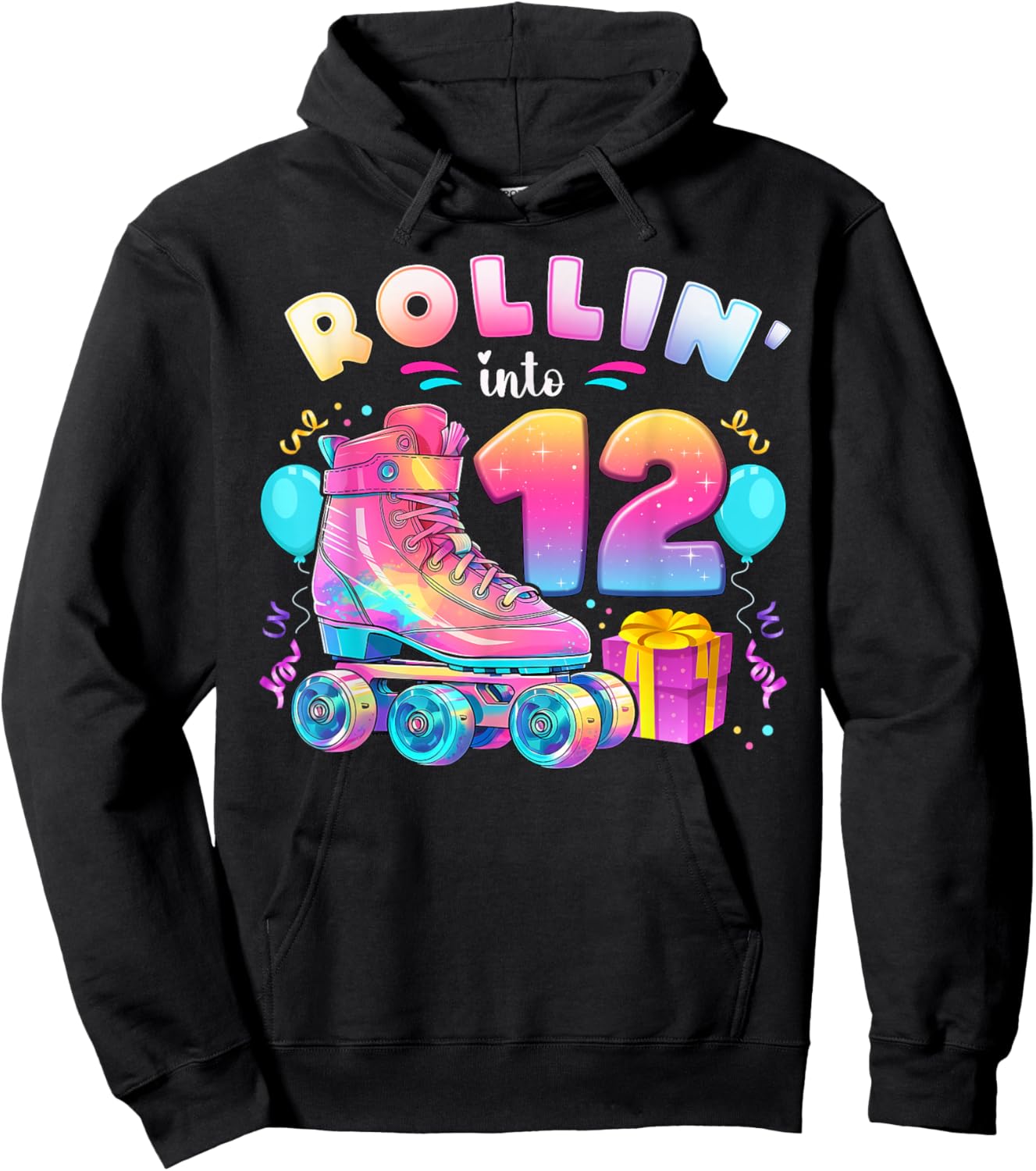 12th Birthday Girl 12 Years, Roller Skates, Number 12 Hoodie - Hoodie | Black