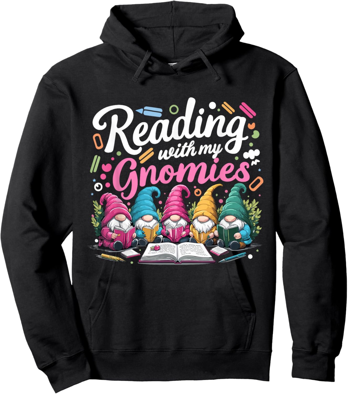 Cute Reading With My Gnomies,Funny Gnome Book Bookworm Lover Hoodie - Hoodie | Black