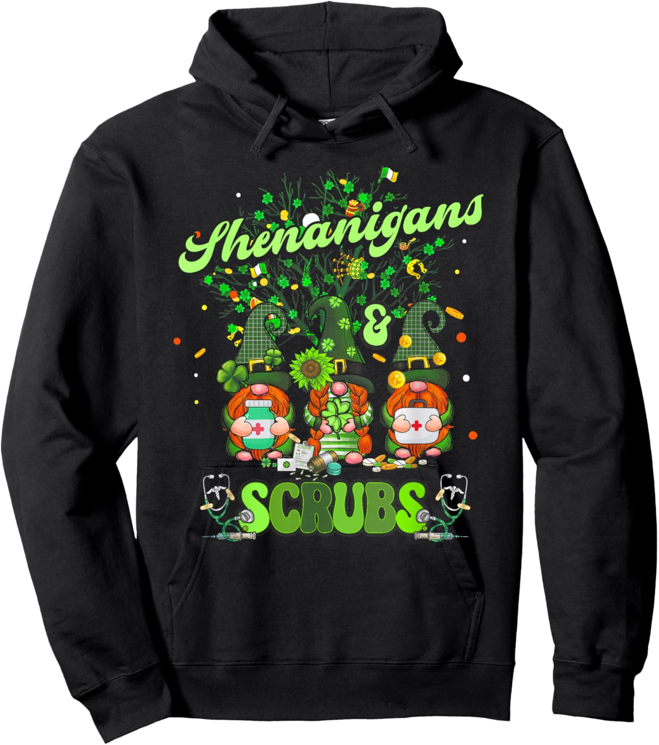 Nurse St Patrick Day Shenanigans and Scrubs Scrub Top Hoodie - Hoodie | Black