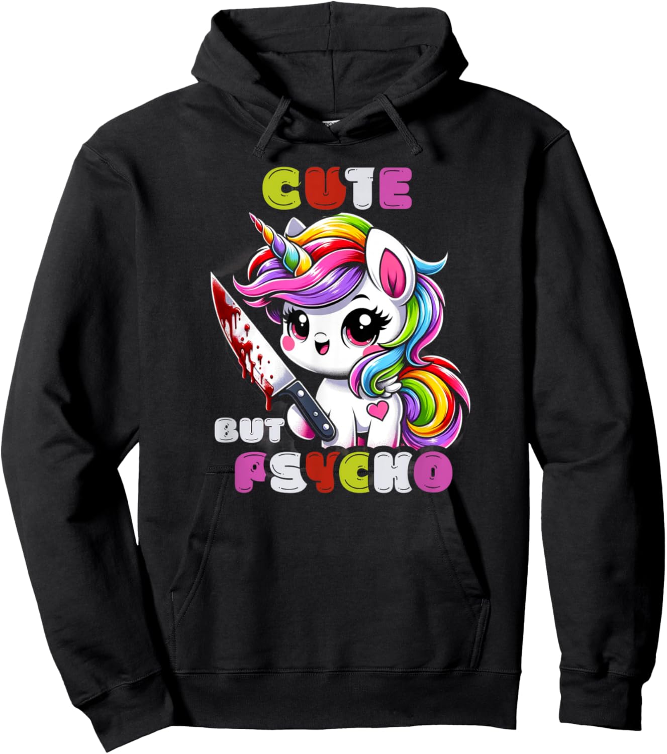 Cute But Psycho Unicorn - Quirky & Whimsical Hoodie - Hoodie | Black
