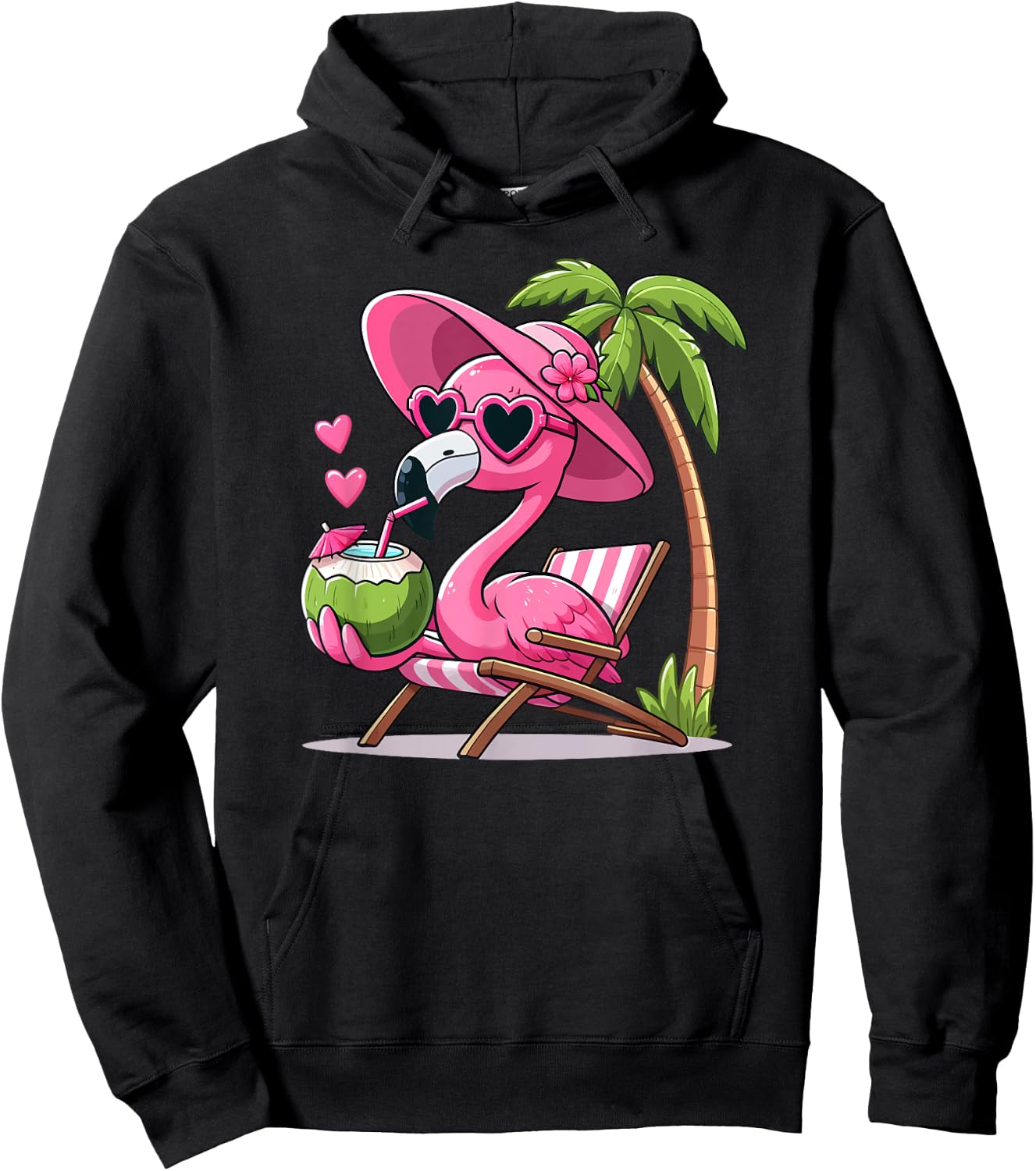 Pink Flamingo Summer Vibes Beach Palm Tree Summer Vacation Hoodie - Hoodie | Black