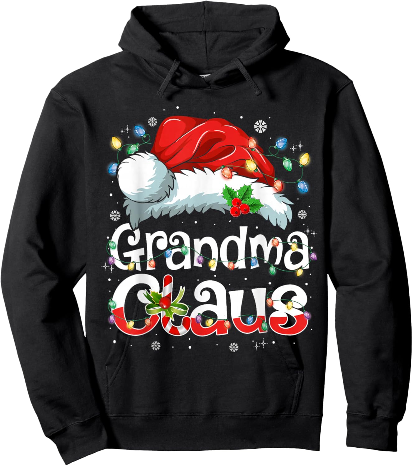 Grandma Claus Shirt Christmas Lights Pajama Family Matching Hoodie - Hoodie | Black