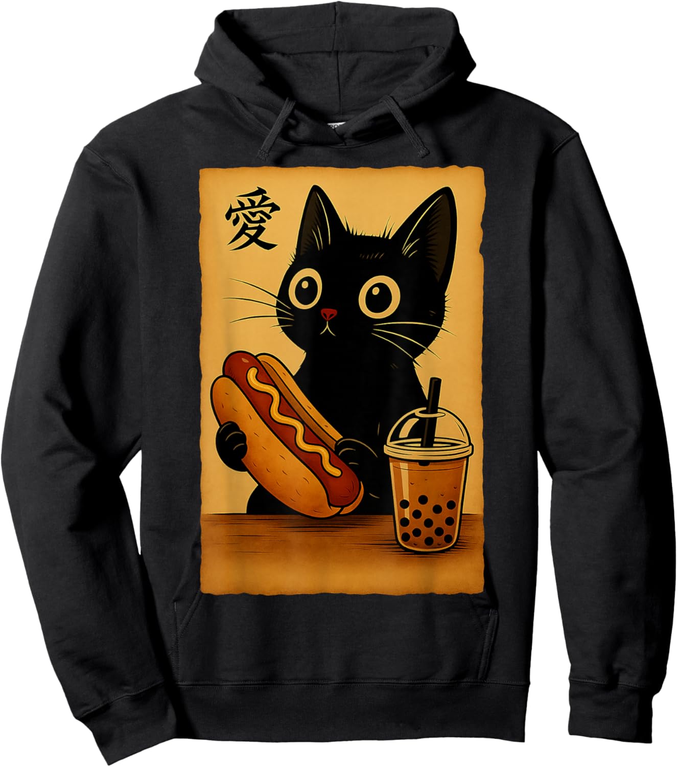 Japanese Kawaii Anime Cat Hotdog Aesthetic Cat Eating Hotdog Hoodie - Hoodie | Black