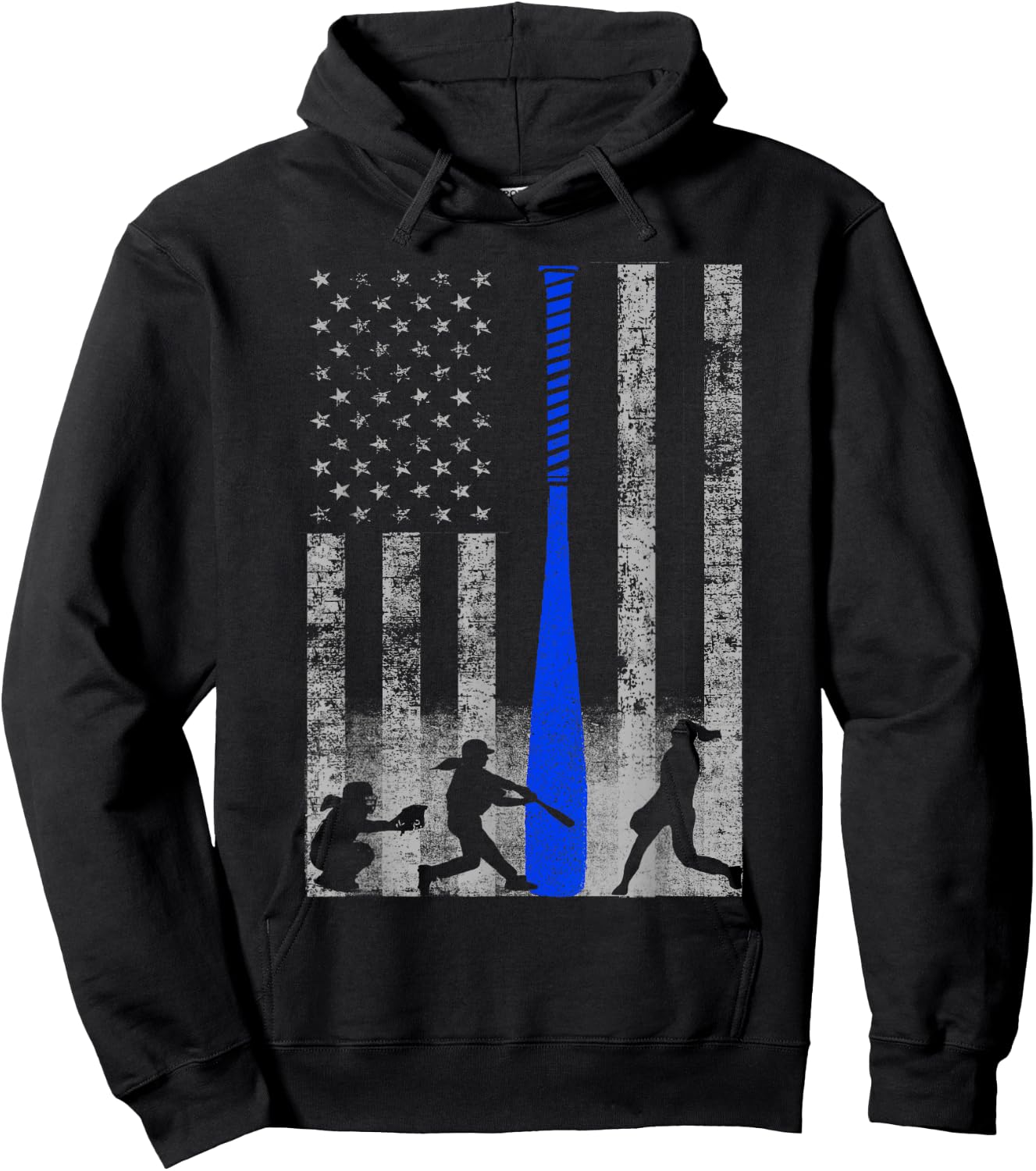 Softball American Flag - Blue Bat and Softball Players Flag Kids Men Hoodie - Hoodie | Black