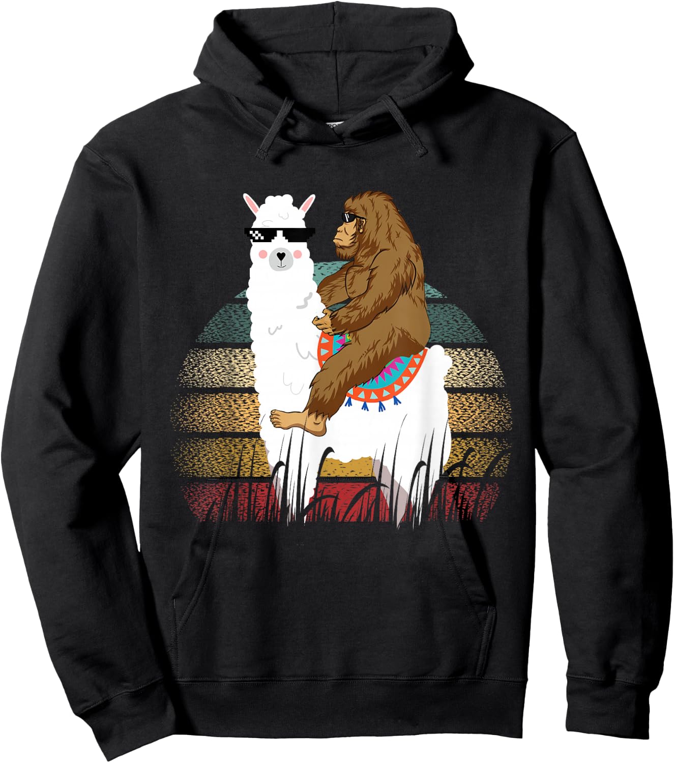 Bigfoot Riding Llama Sasquatch Retro Hoodie - Hoodie | Black
