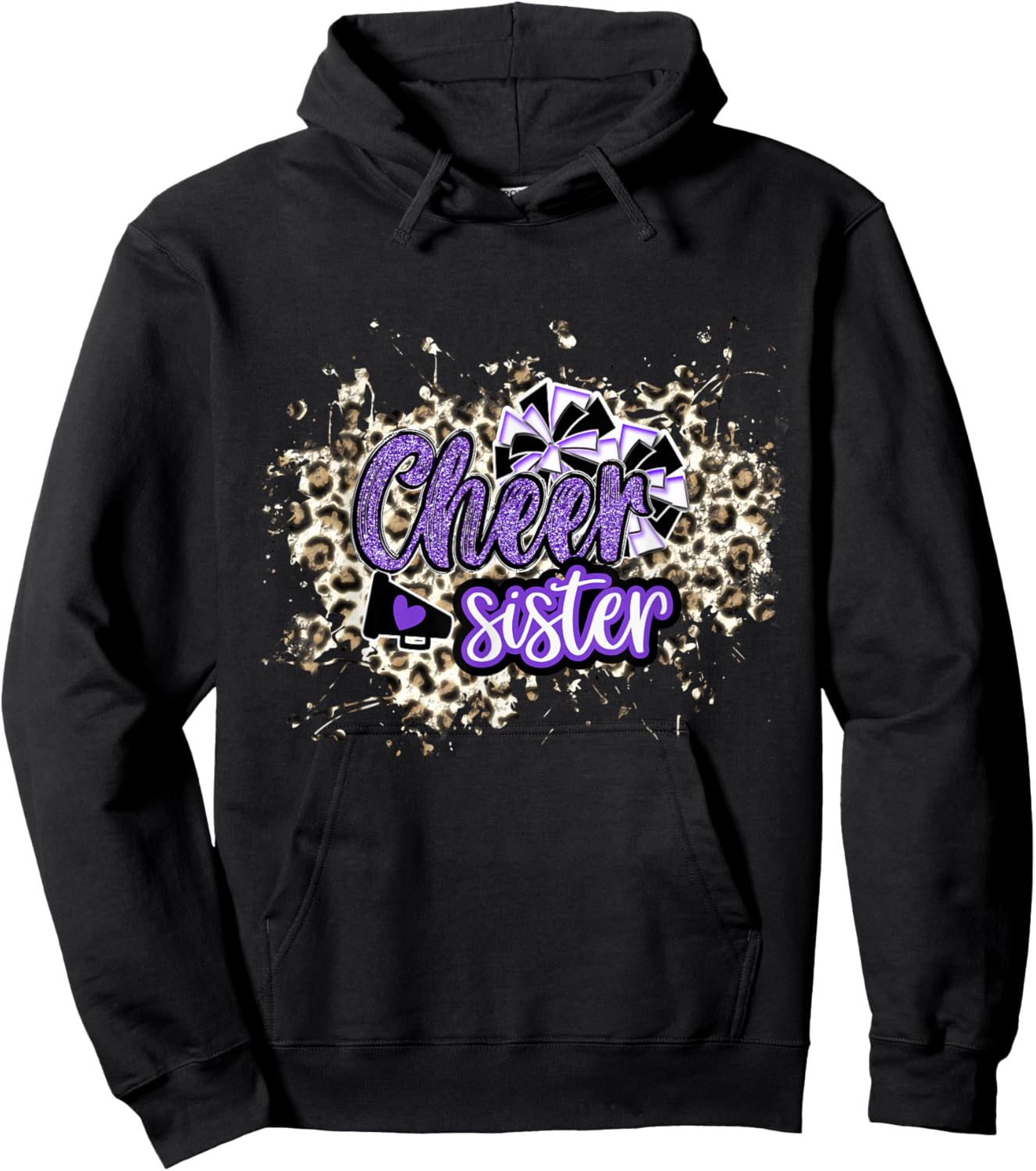 Cheer Sister Shirt, Megaphone Purple Leopard Cheetah Print Hoodie - Hoodie | Black