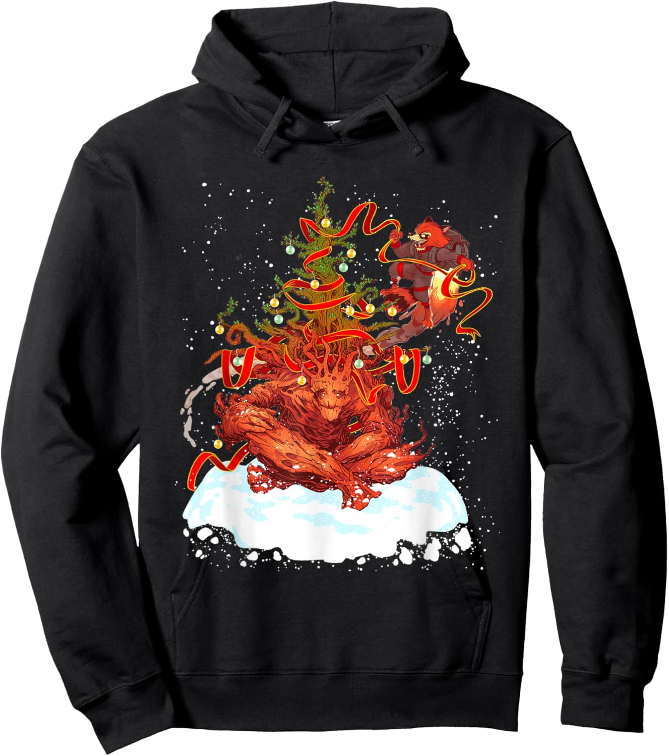 Marvel Rocket and Groot Holiday Christmas Tree Guardians Hoodie - Hoodie | Black