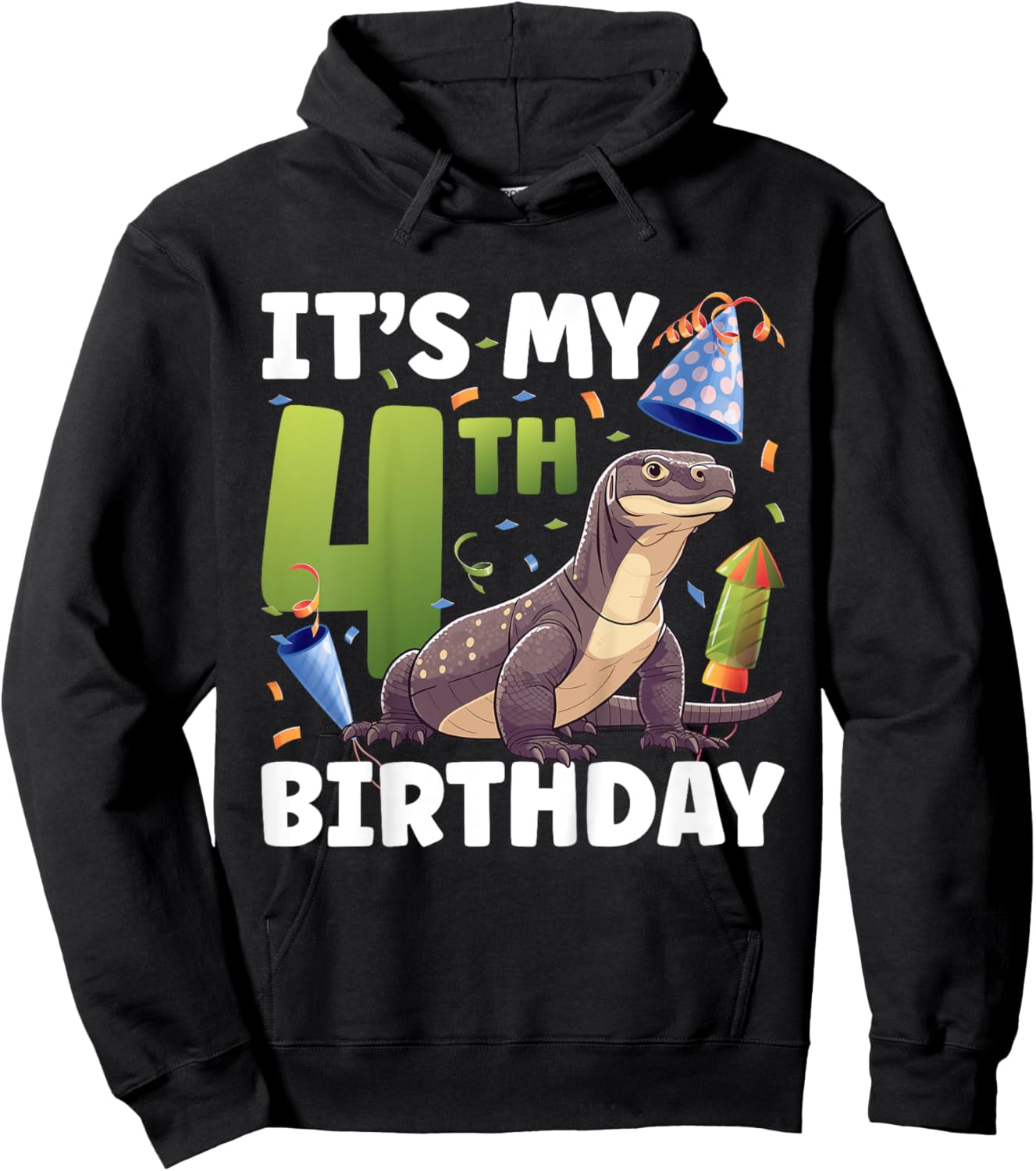 Kids 4th Komodo Dragon Birthday Party Four Year Old Komodo Dragon Hoodie - Hoodie | Black
