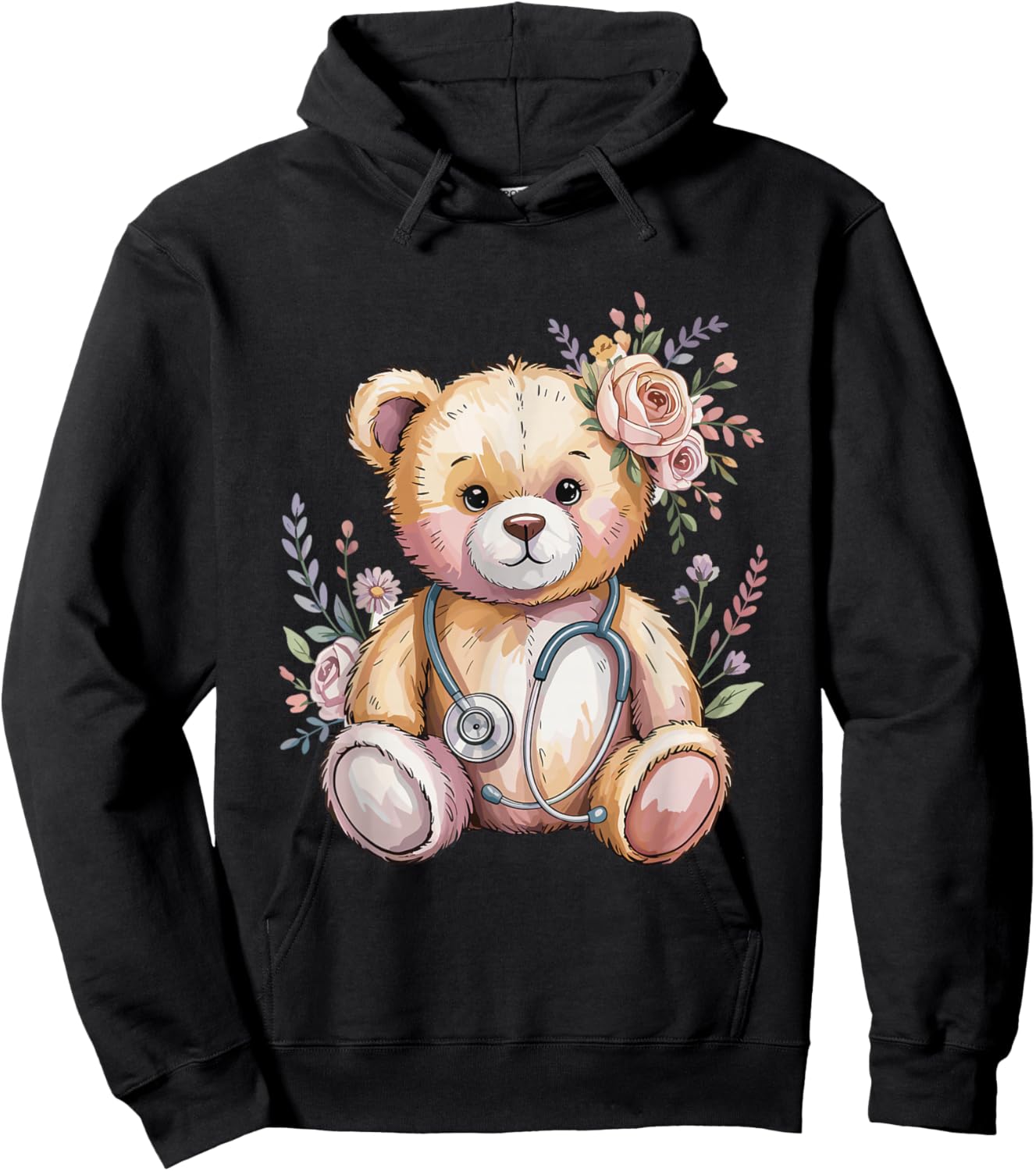 Floral Teddy Bear Flower Kids Doctor Pediatric Nurse Hoodie - Hoodie | Black