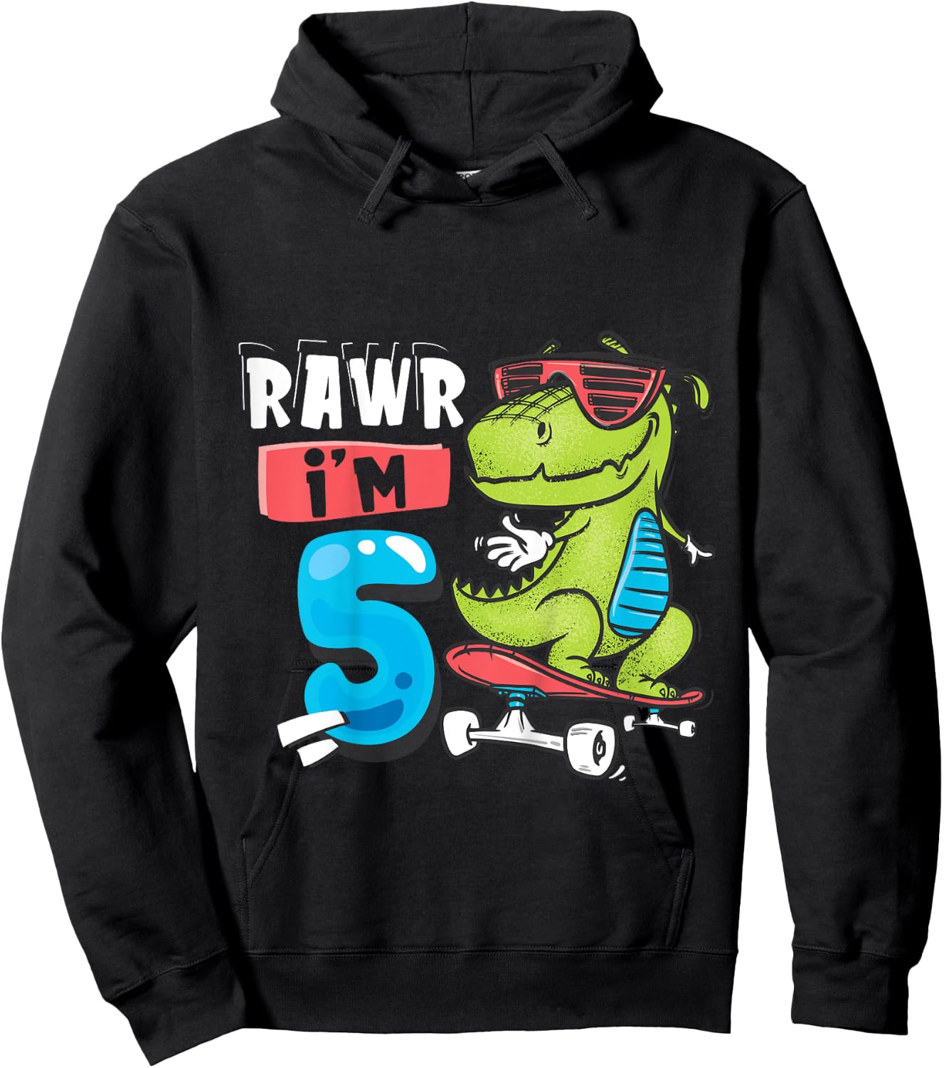 Kids Rawr I'm 5 T Rex Dinosaur Skateboard 5th Birthday For Boys Hoodie - Hoodie | Black