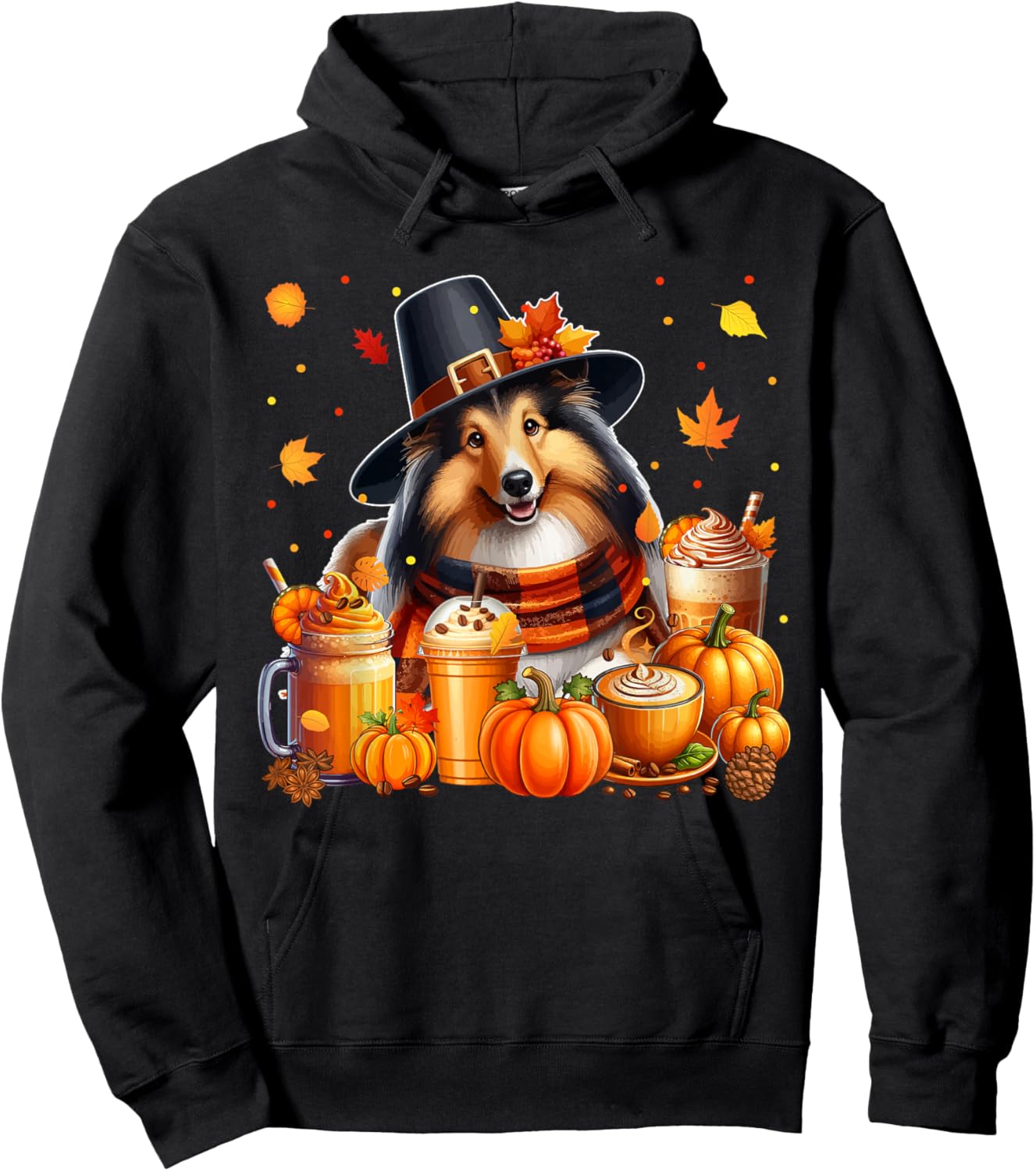 Sheltie Thanksgiving Drinks Coffee Fall Leaves Pumpkins Hoodie - Hoodie | Black