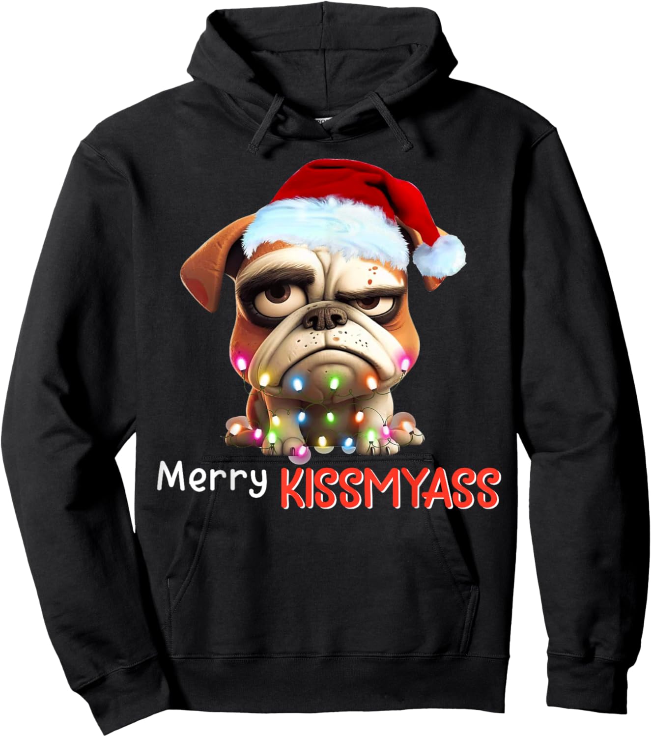 Merry Kissmyass Funny Pug Santa Christmas Light Hoodie - Hoodie | Black