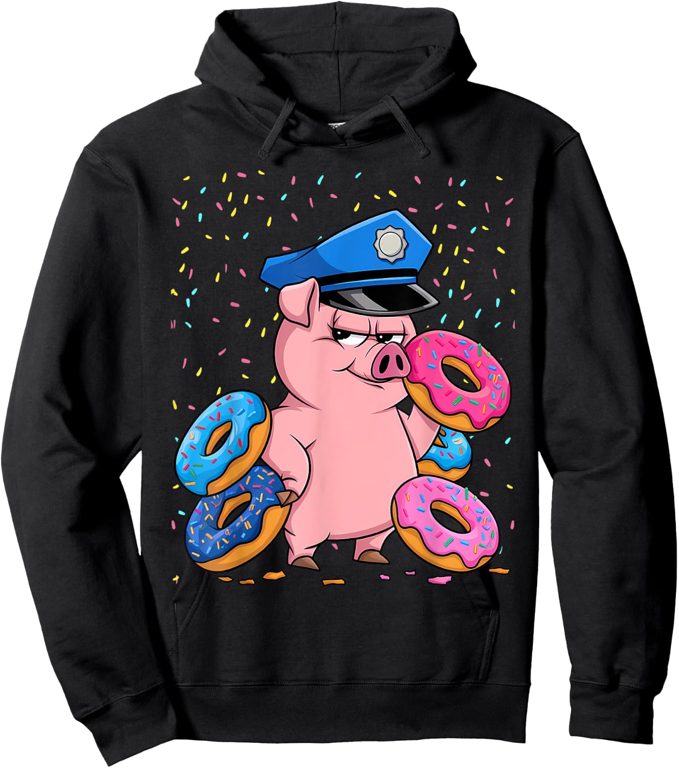 Pig Lover Gift Co. | Pig Cop Police Officer Doughnut - Black, Small, Short Sleeve Hoodie - Hoodie | Black