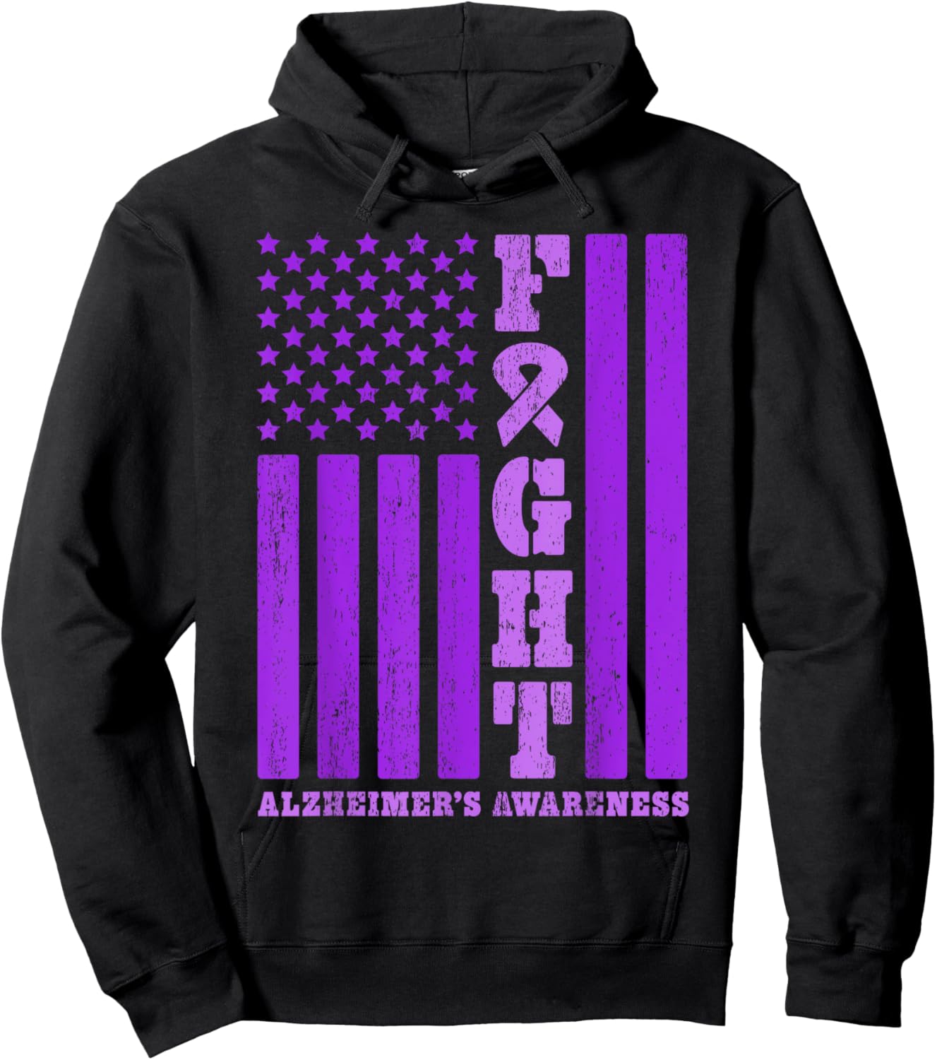Fight Alzheimer's Awareness American Flag Purple Ribbon Hoodie - Hoodie | Black
