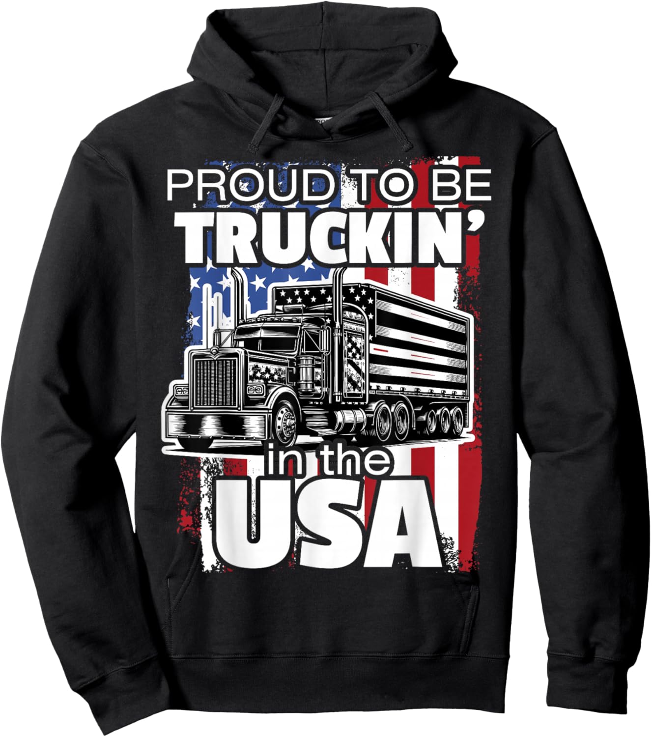 Trucker Truck Driver Patriotic US American USA Flag Semi Rig Hoodie - Hoodie | Black