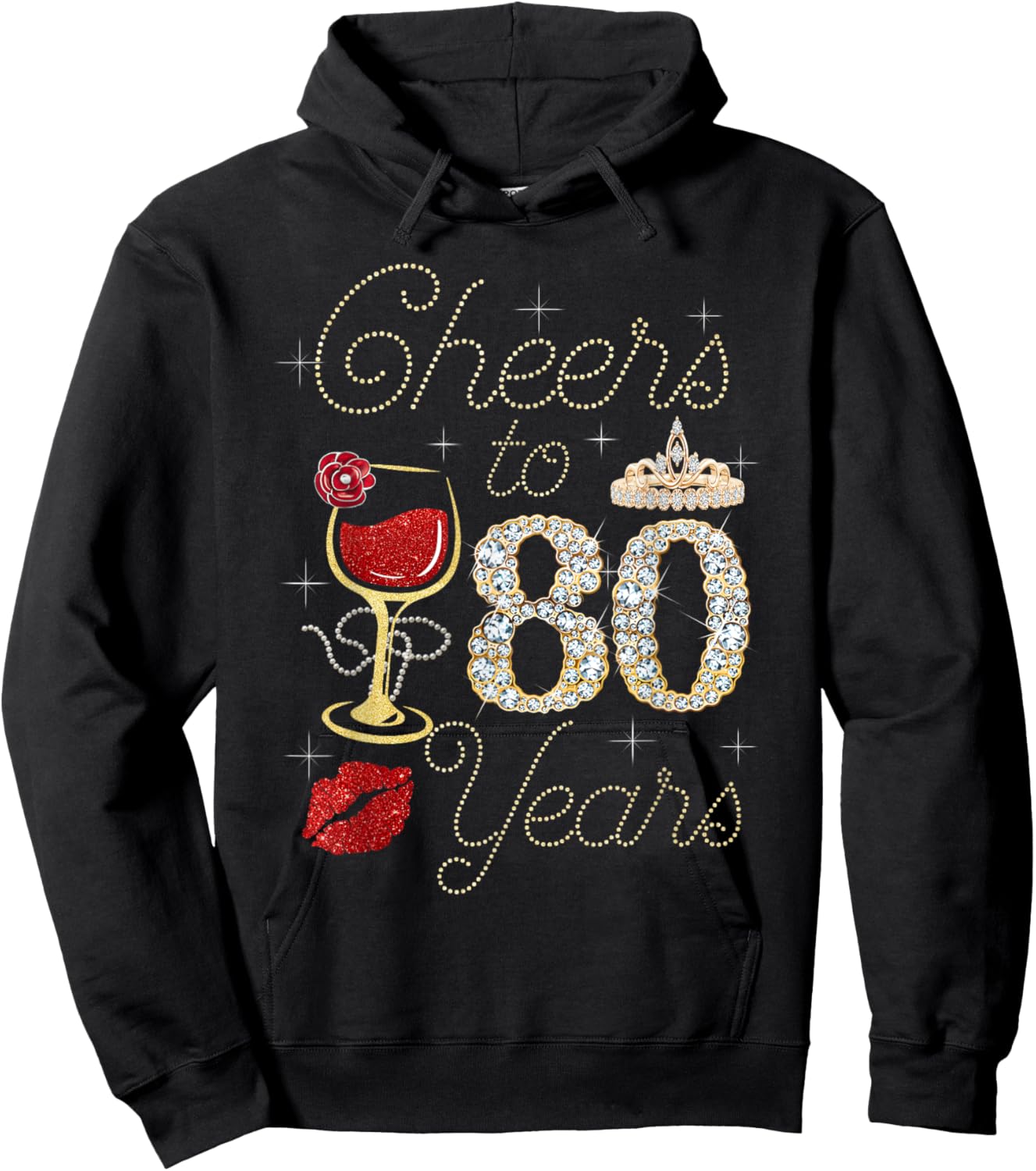 Cheers To 80 Years Wine Glass Women Funny 80th Birthday Hoodie - Hoodie | Black