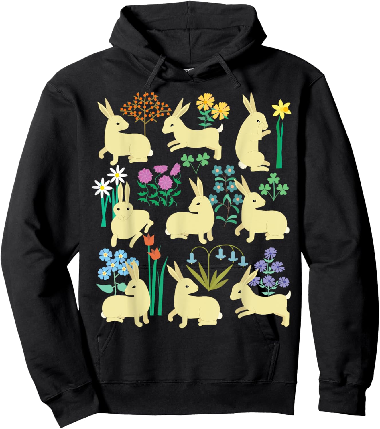 Playful little rabbits (bunnies) among colorful flowers Hoodie - Hoodie | Black