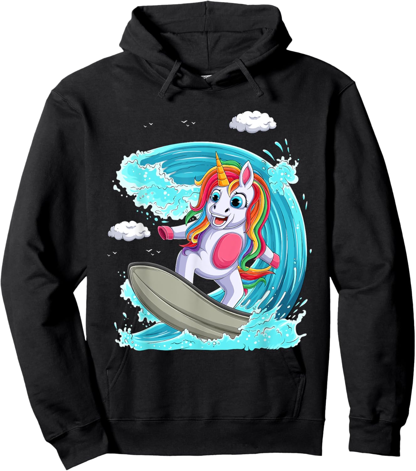 Cute Unicorn Girls Women Unicorn Surfing on Rainbow Wave Hoodie - Hoodie | Black