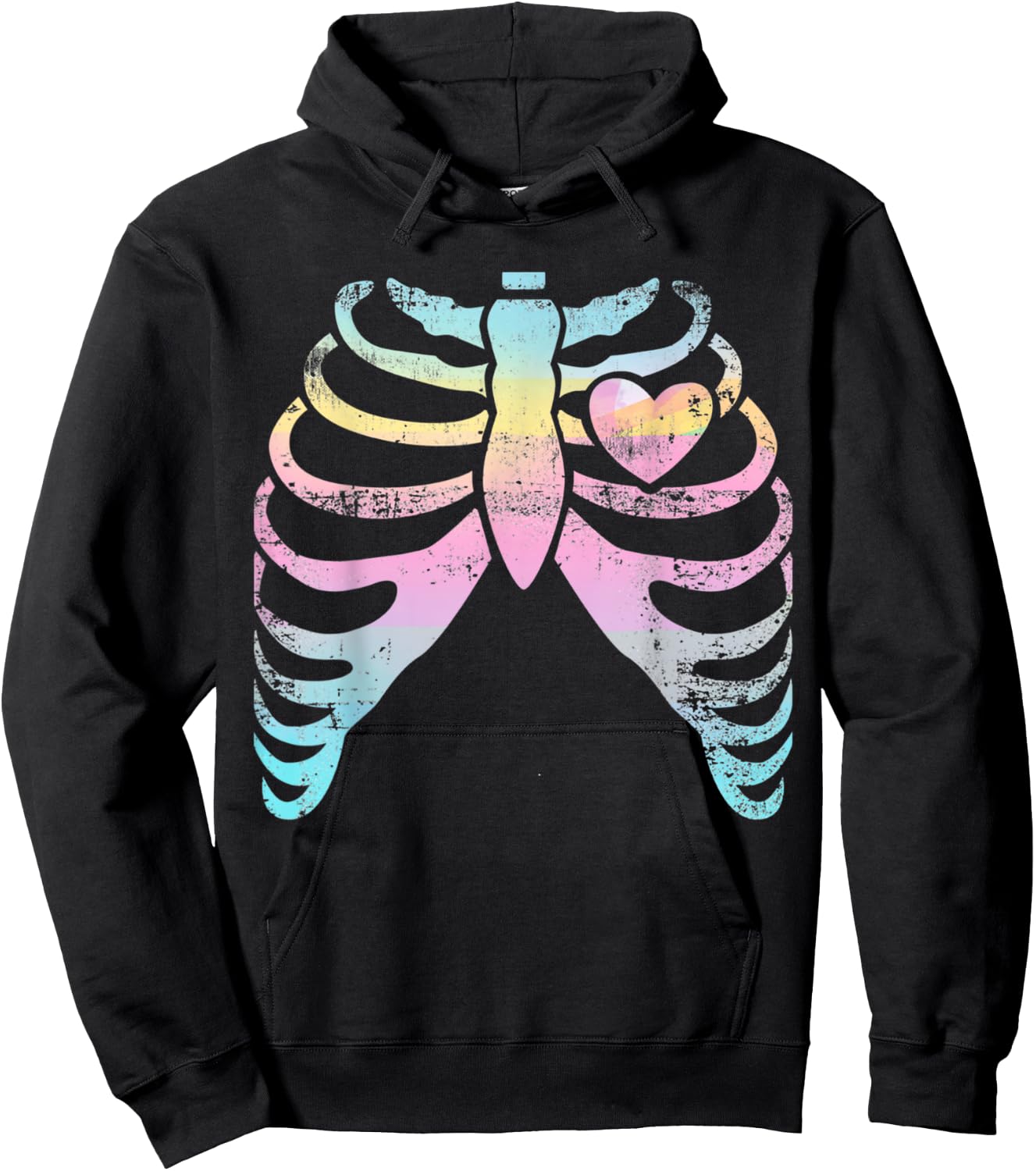 Menhera Kei Kawaii Pastel Goth Aesthetic Rib Cage & Heart Hoodie - Hoodie | Black