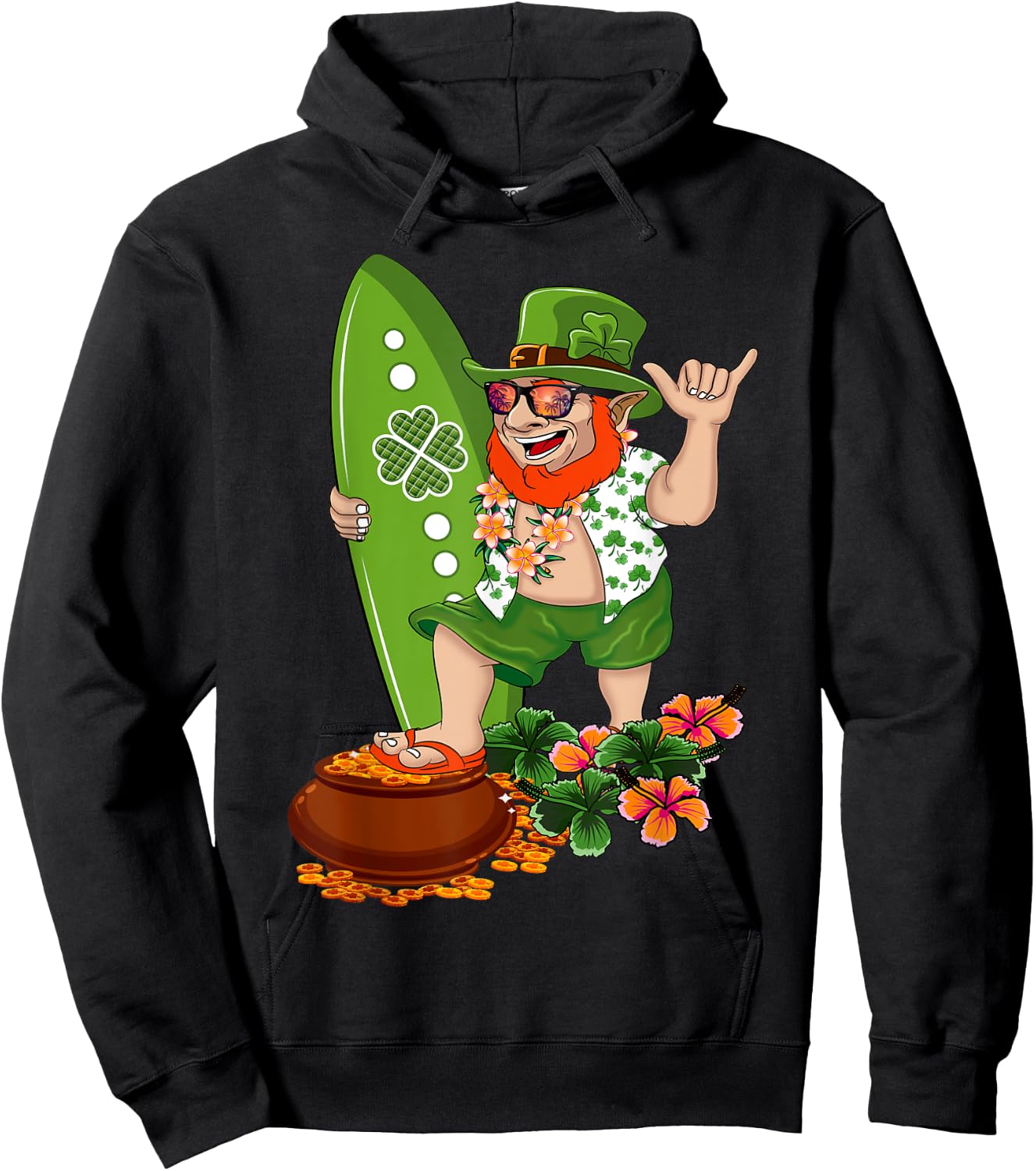 St Patricks Day Green Hawaiian Irish Leprechaun Surfer Shaka Hoodie - Hoodie | Black