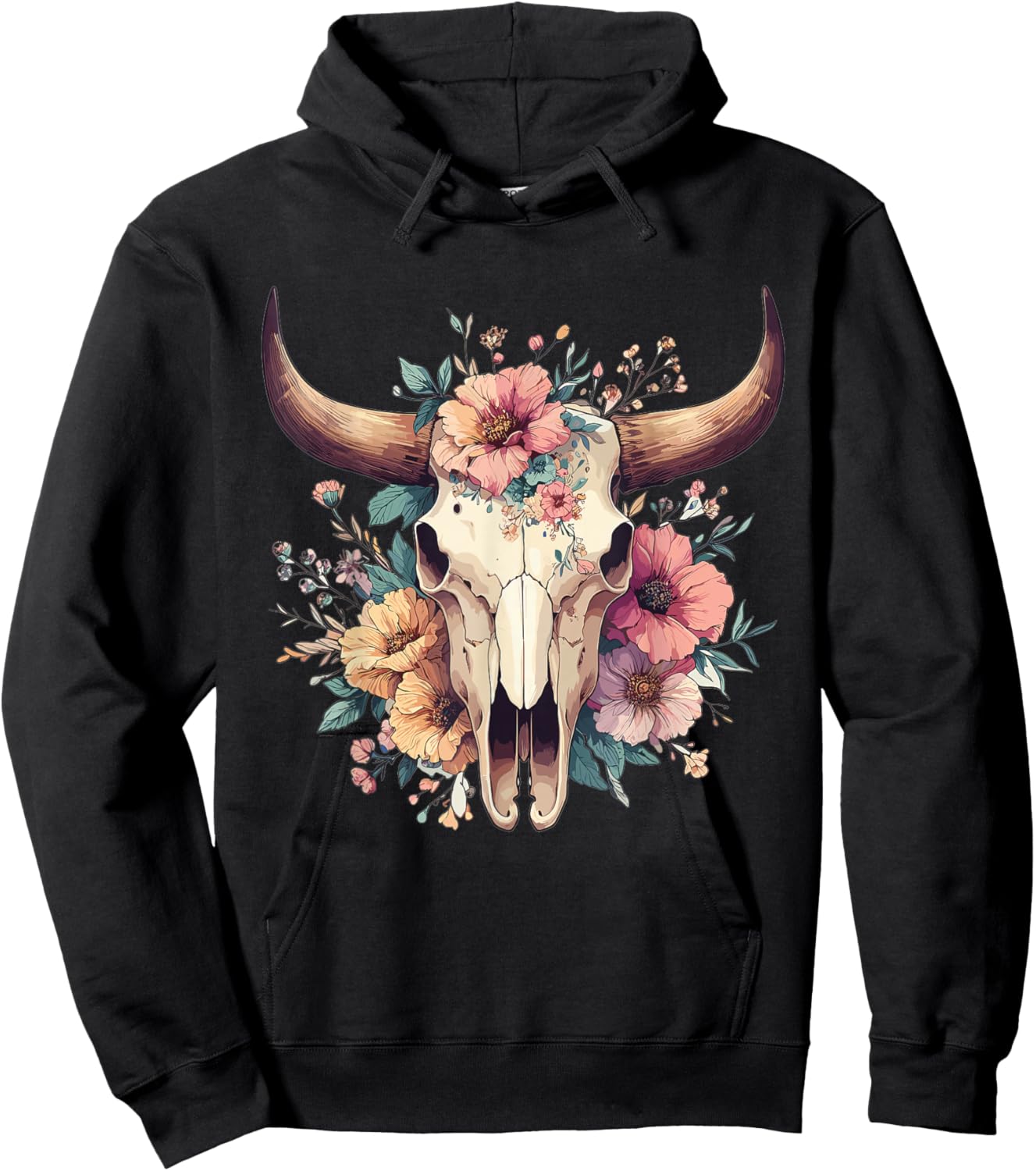 Boho Cow Bull Skull Flowers Wild west Western Cowgirl Texans Hoodie - Hoodie | Black