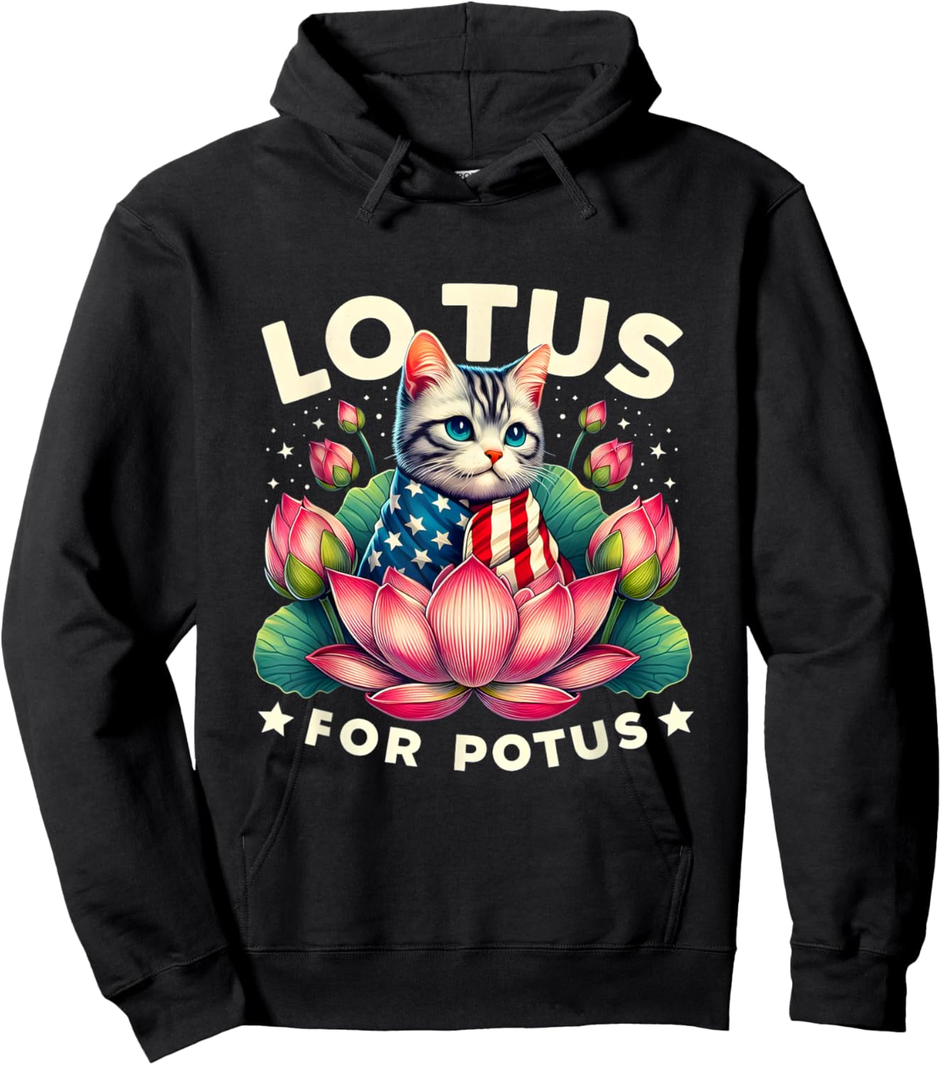 Vintage Lotus for Potus Kamala Harris US Flag Cat Lovers Men Women Girls Kids Hoodie - Hoodie | Black
