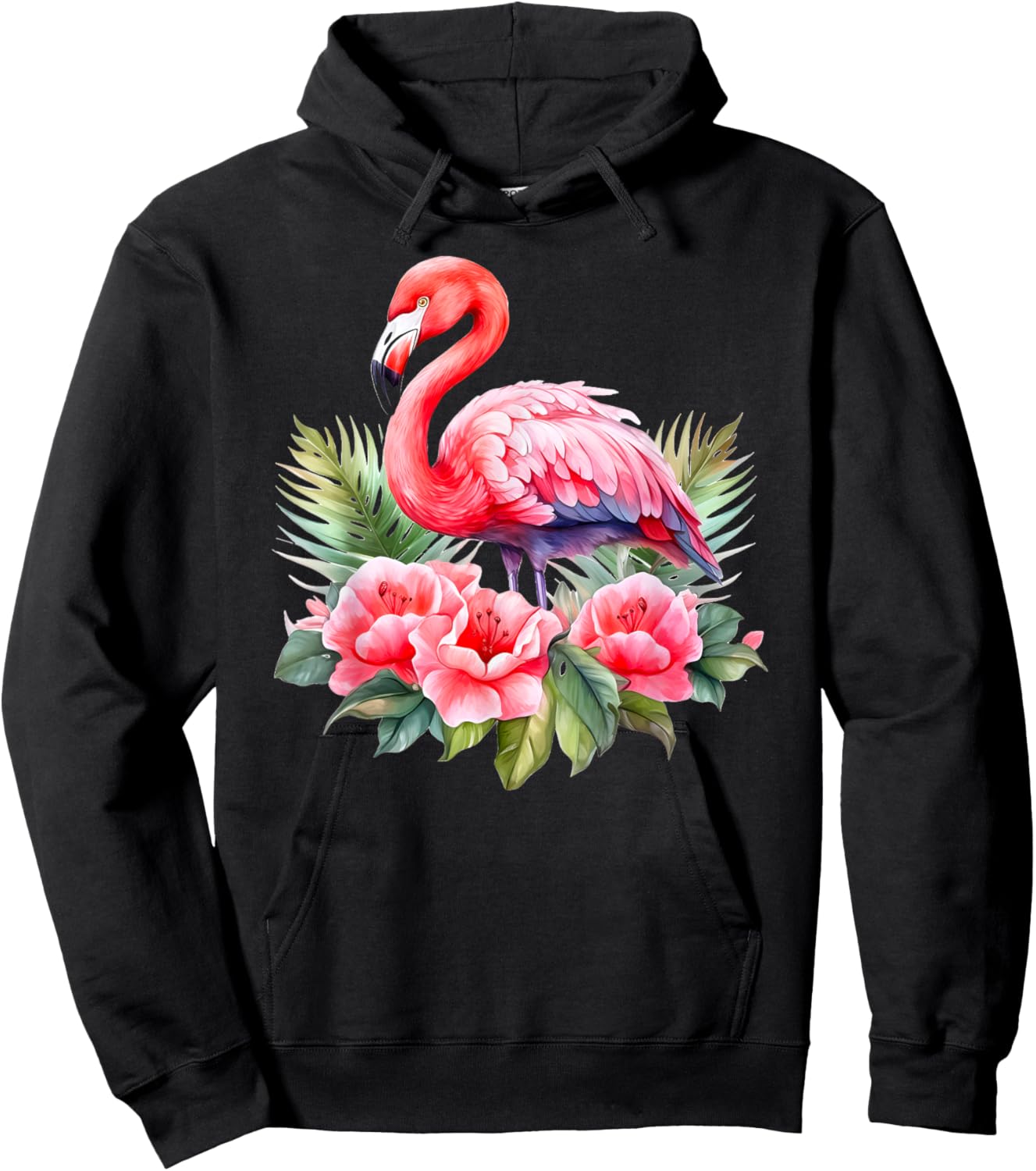 Flamingo Flowers Tropical Watercolor Bird Top Hoodie - Hoodie | Black