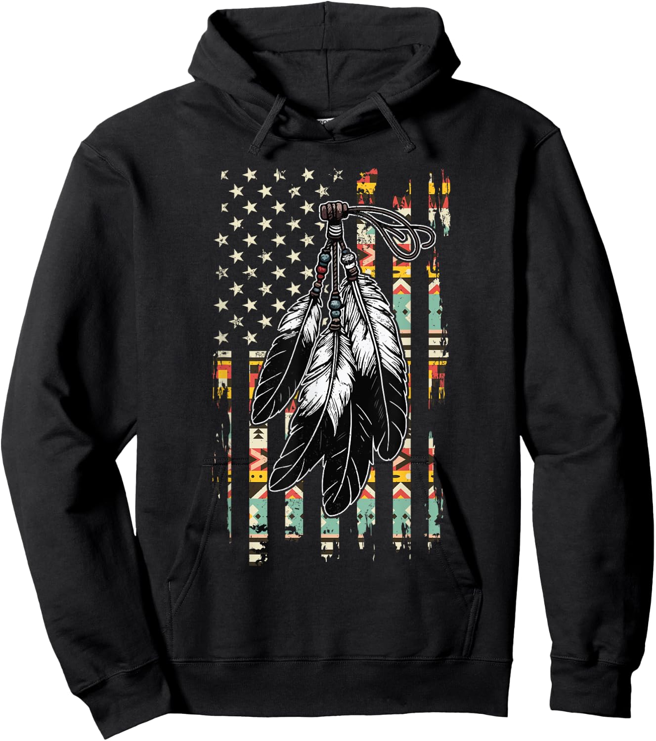 Feathers Indigenous Tribal Native American Flag Vintage Hoodie - Hoodie | Black