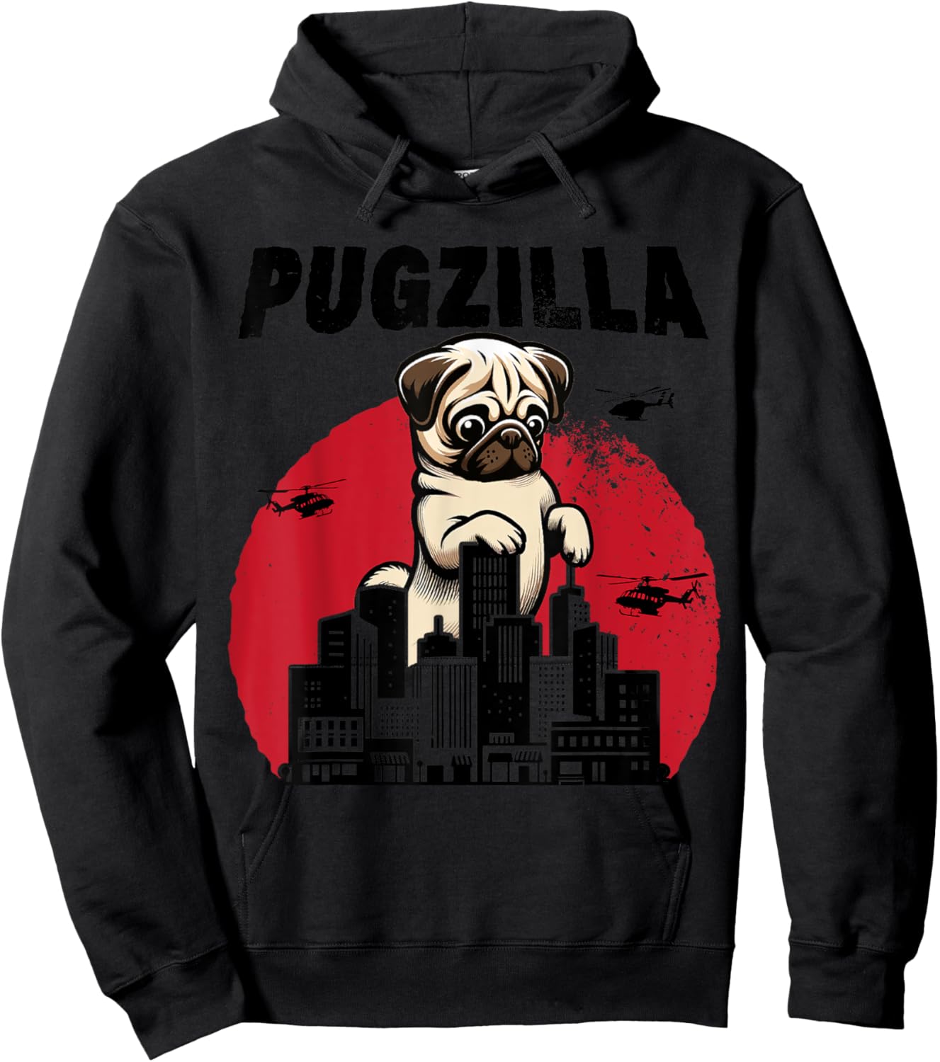 Pugzilla Funny Giant Pug Puppy in Classic Horror Japan City Hoodie - Hoodie | Black