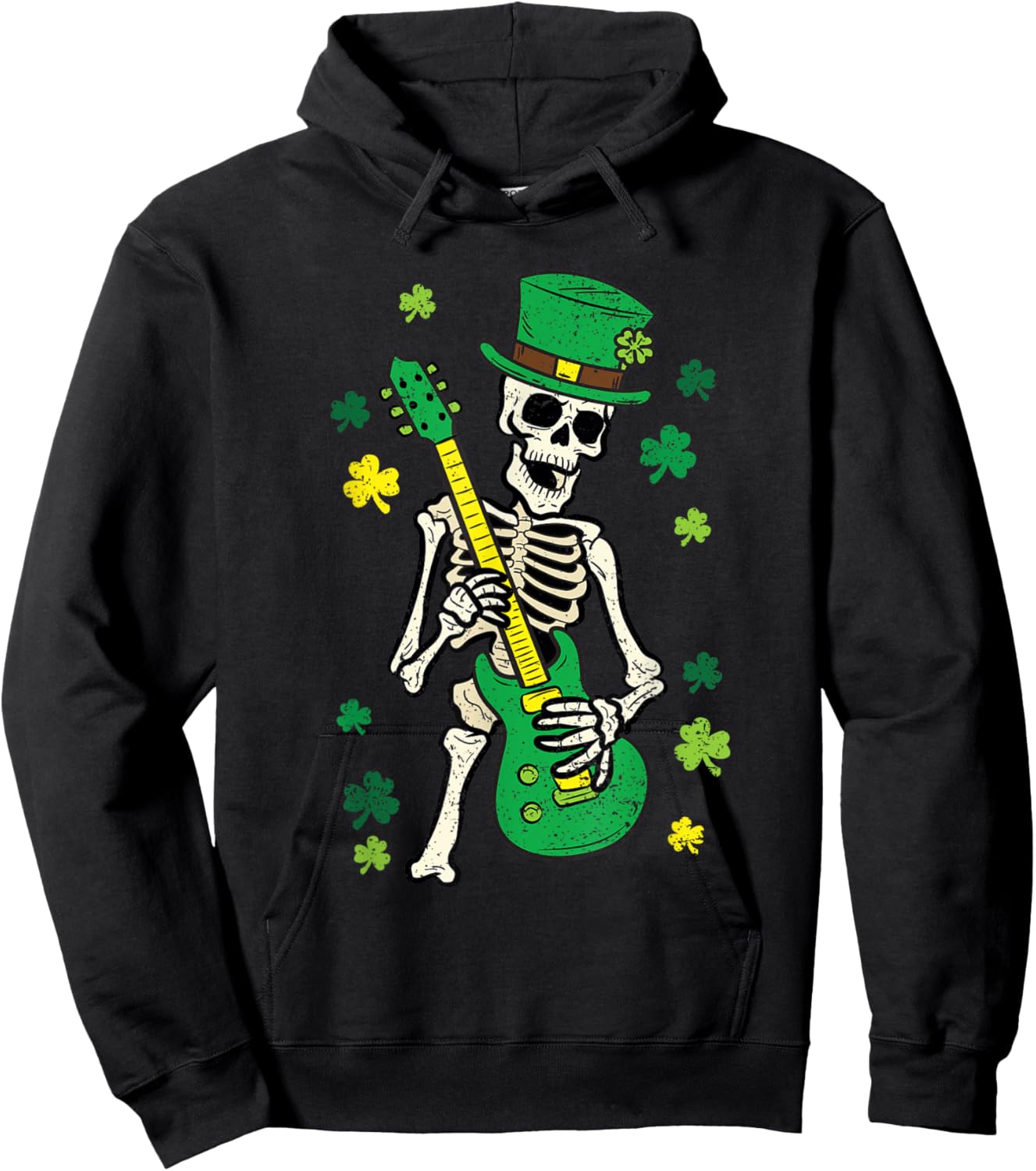 Skeleton Playing Guitar St Patricks Day Leprechaun Shamrock Hoodie - Hoodie | Black