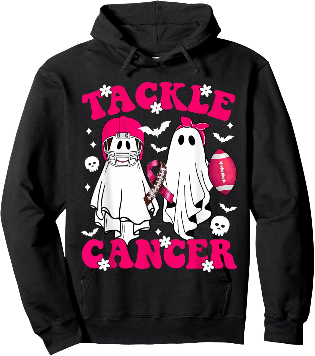 Tackle Football Ghost Pink Ribbon Breast Cancer Halloween Hoodie - Hoodie | Black