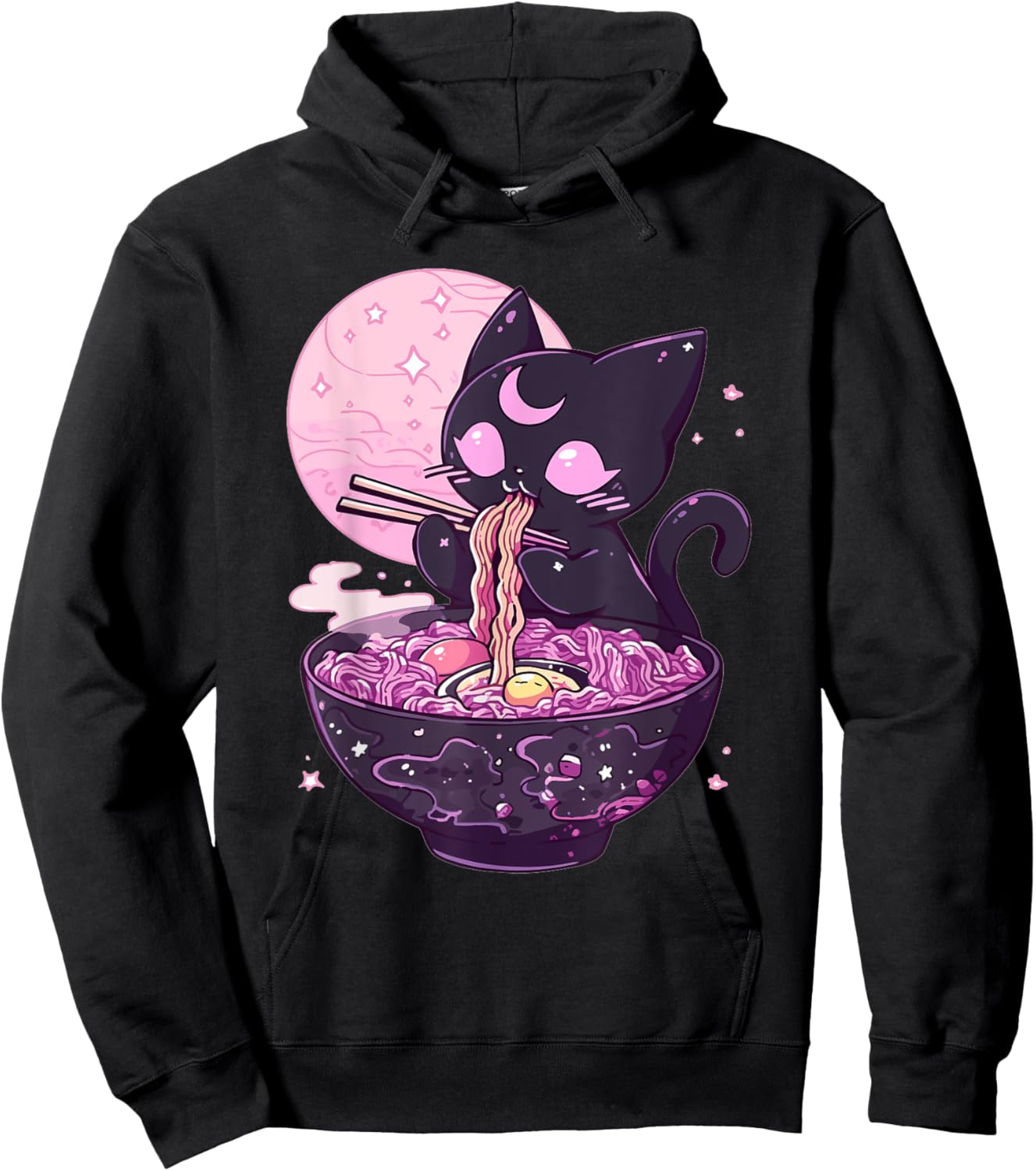 Pastel Goth Aesthetic Kawaii Creepy Cat Eating Ramen Noodles Hoodie - Hoodie | Black