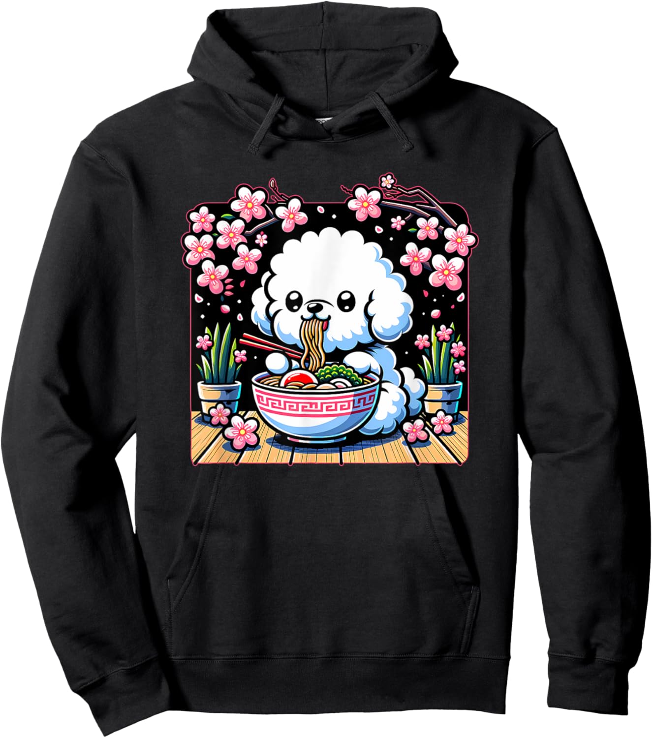 Kawaii Bichon Frise Dog Eating Ramen Hoodie - Hoodie | Black