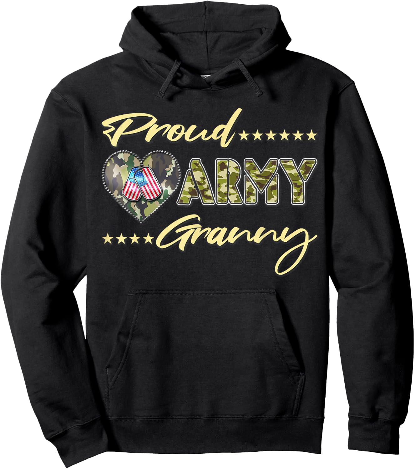 Proud Army Granny US Flag Dog Tag Family Military Grandma Hoodie - Hoodie | Black