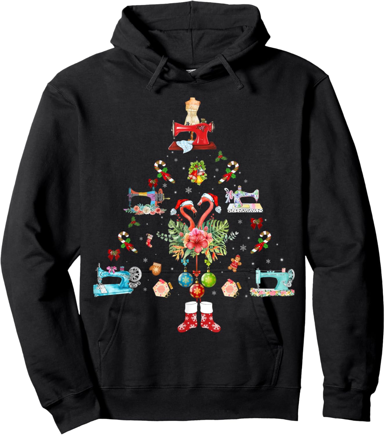 Flamingo Quilting Machine Christmas Hoodie - Hoodie | Black