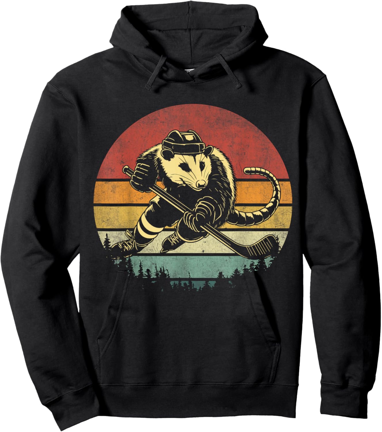 Retro Opossum Playing Hockey Vintage Opossum Hockey Player Hoodie - Hoodie | Black