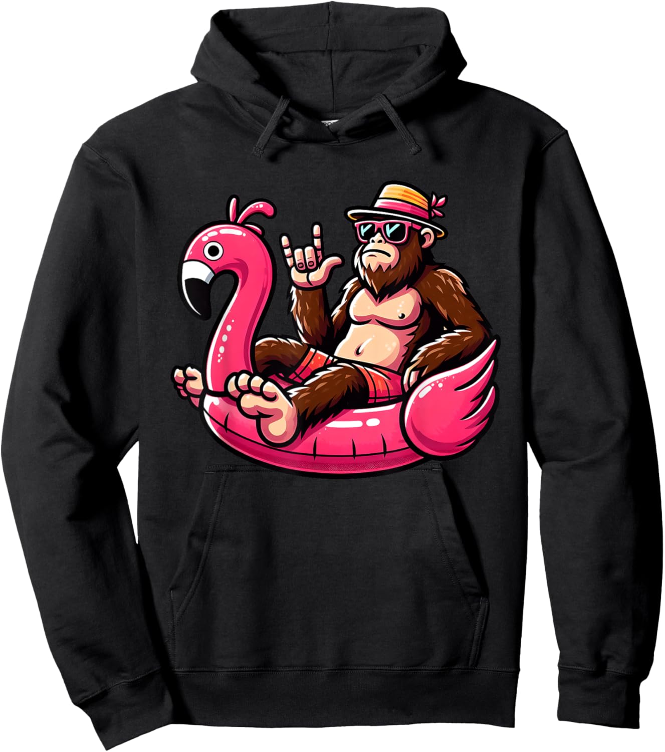 Bigfoot Sasquatch on Flamingo Pool Swimming Hawaii Beaches Men Women Kids Hoodie - Hoodie | Black