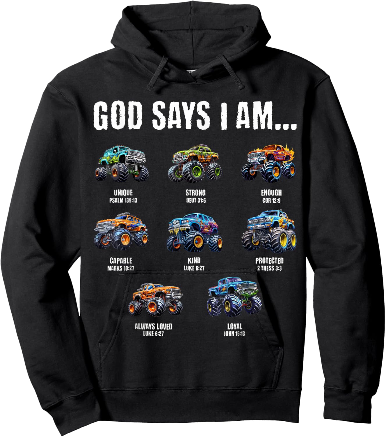God Says I Am Christian Toddler Kids Monster Truck Hoodie - Hoodie | Black