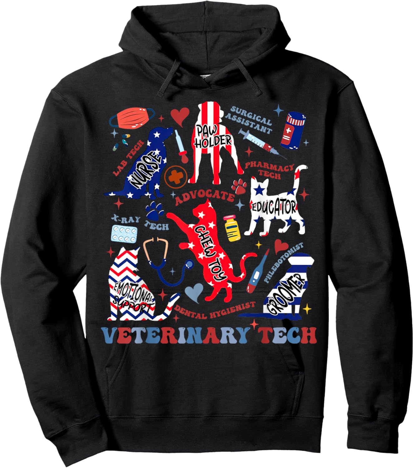 Vet Tech July 4th Veterinary Medicine Tech American Flag Vet Hoodie - Hoodie | Black